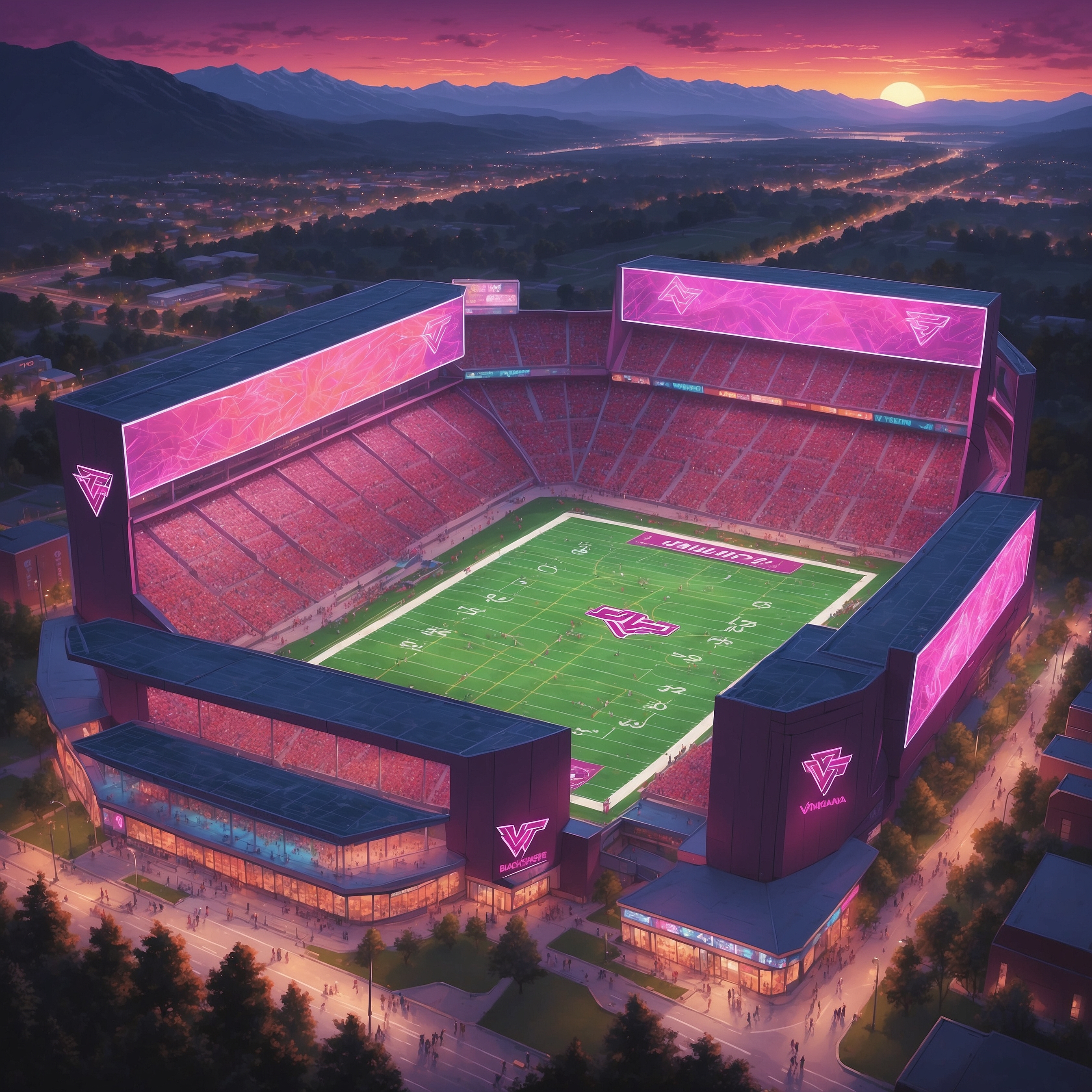 1. Virginia Tech Announces Plans to Beg, Bribe, and Possibly Perform Interpretive Dance Until Shane Beamer Says “Yes” - painting of Virginia Tech Hokies football venue