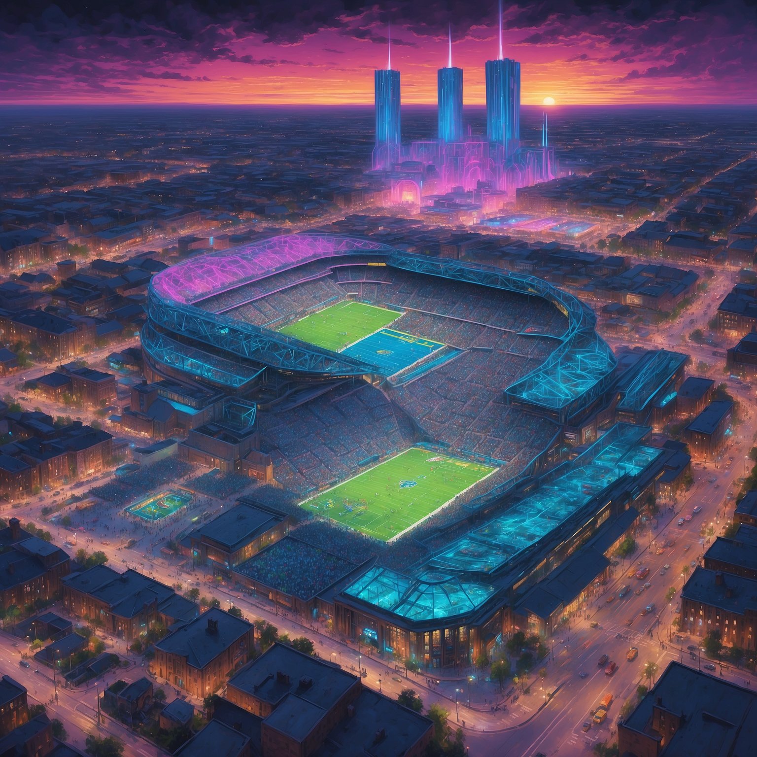 “Notre Dame Crushes Arkansas, Playoff Committee Googles ‘How to Boost Ranking’” - painting of Notre Dame Fighting Irish football venue