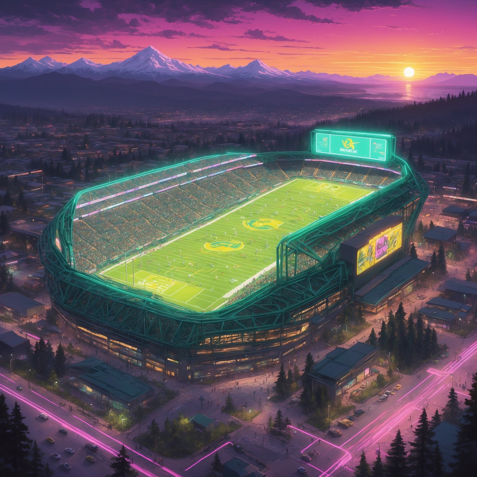 NFL Scouts Search Campus for Dante Moore, Discover He’s Too Busy Winning to Care About Pro Glory - painting of Oregon Ducks football venue