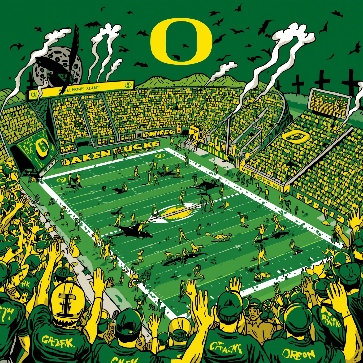 Oregon Ducks Chaos: Fans, Critics, and Coach Carnage - painting of Oregon Ducks football venue