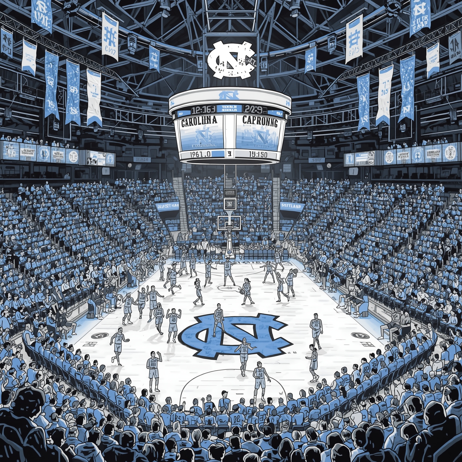 UNC Basketball Stars: Women's Honors and Stevenson’s Return - painting of North Carolina Tar Heels basketball venue