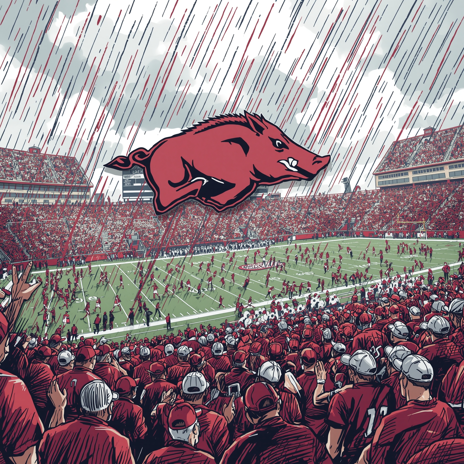 Rain Delays and TV Hacks: Hogs Fans’ Game-Day Survival - painting of Arkansas Razorbacks football venue
