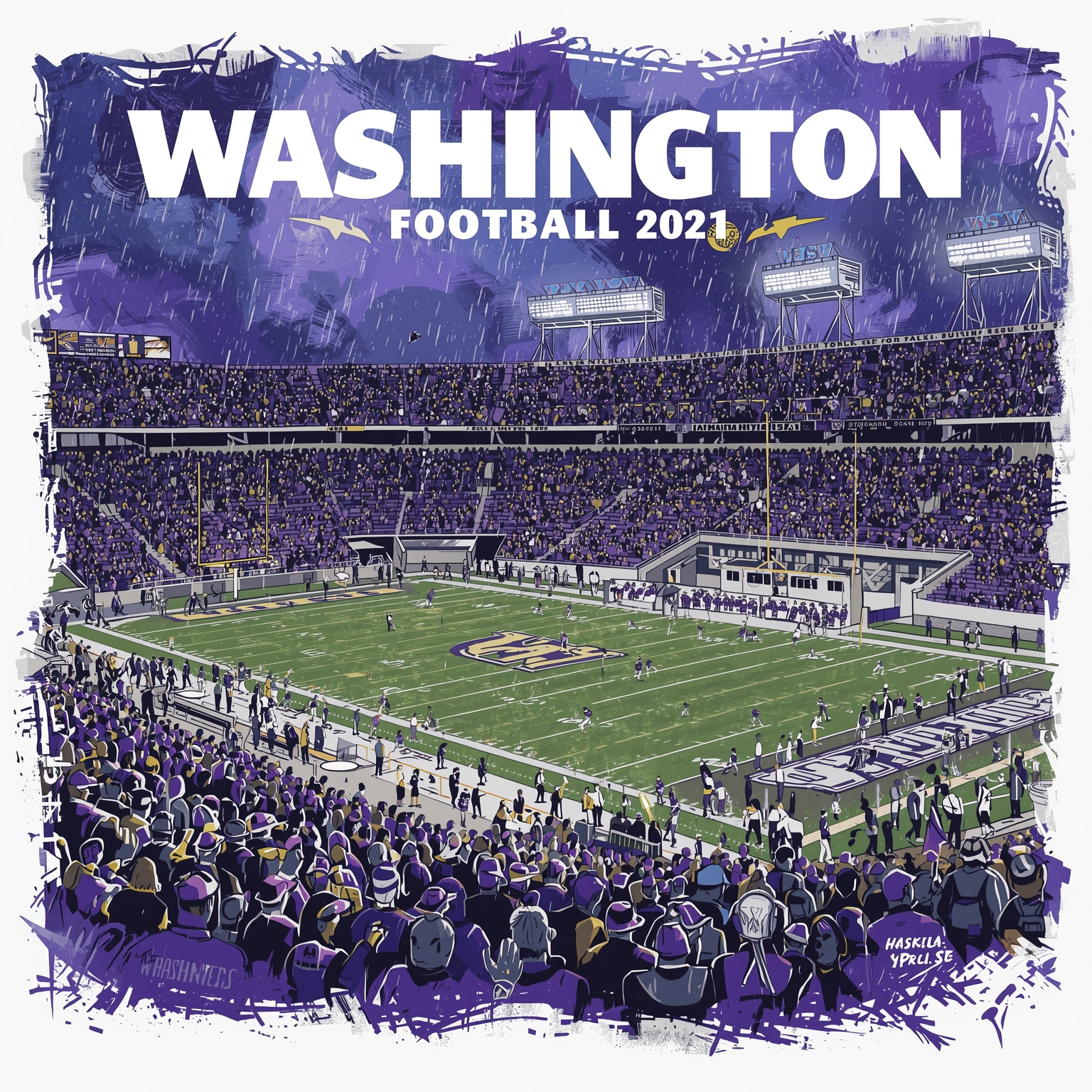 Huskies' Rainy Football Clash and Fresh-Faced Hoops Debut - painting of Washington Huskies basketball, football venue