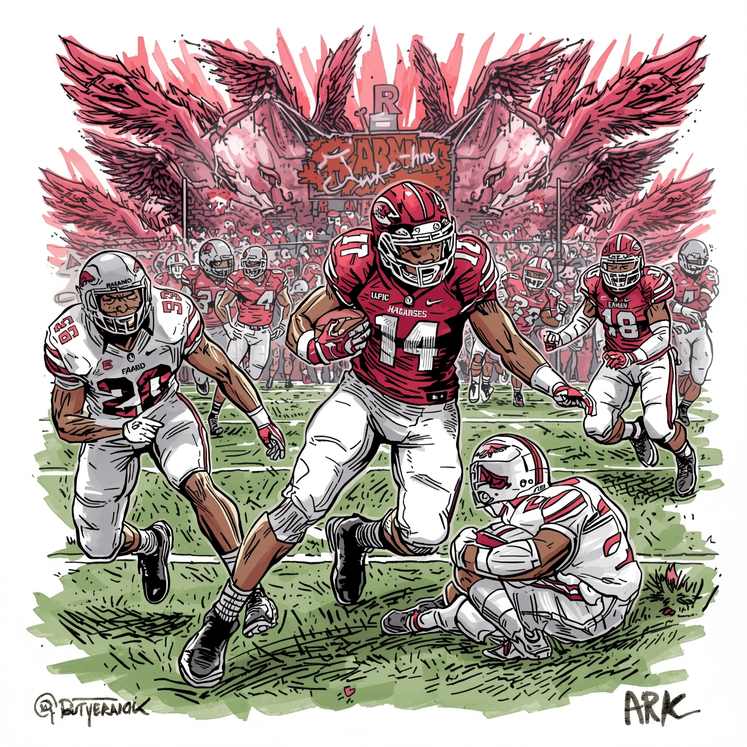 Arkansas Football Turmoil: Decommits and Defensive Overhaul - painting of Arkansas Razorbacks football venue