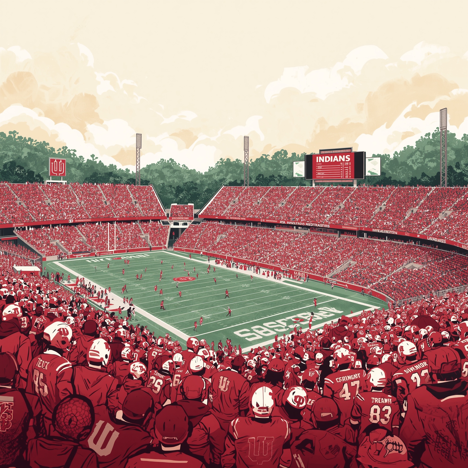 Hoosiers Face Revived Bruins & Rising Basketball Stars - painting of Indiana Hoosiers football,basketball venue