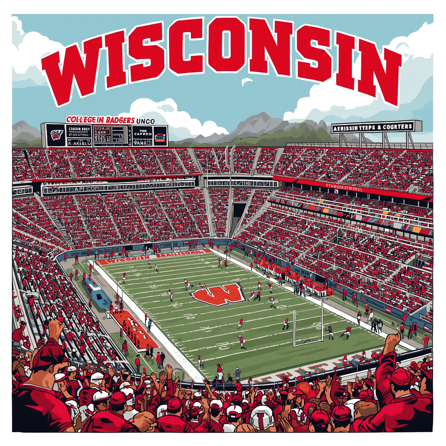 Badgers: Tune In Tips & Court Crash Course - painting of Wisconsin Badgers football, basketball venue