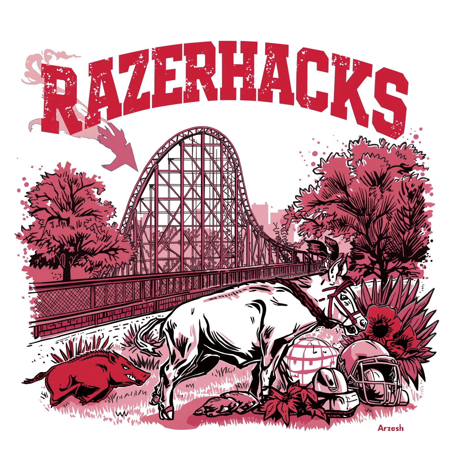 Razorbacks' Rollercoaster: Football Woes & Hoops Havoc - painting of Arkansas Razorbacks football,basketball venue