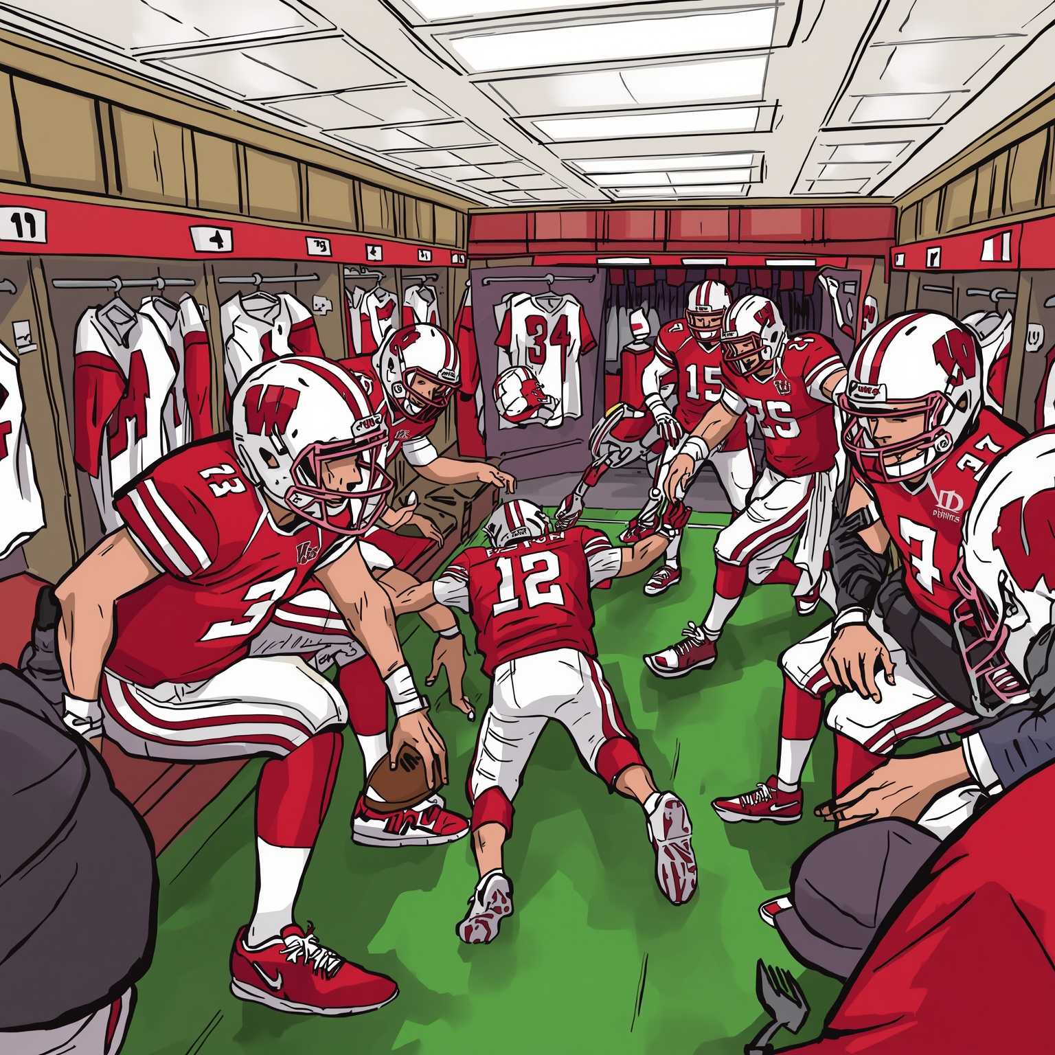 Badgers' Locker Room Rift and Quarterback Shuffle - painting of Wisconsin Badgers football venue