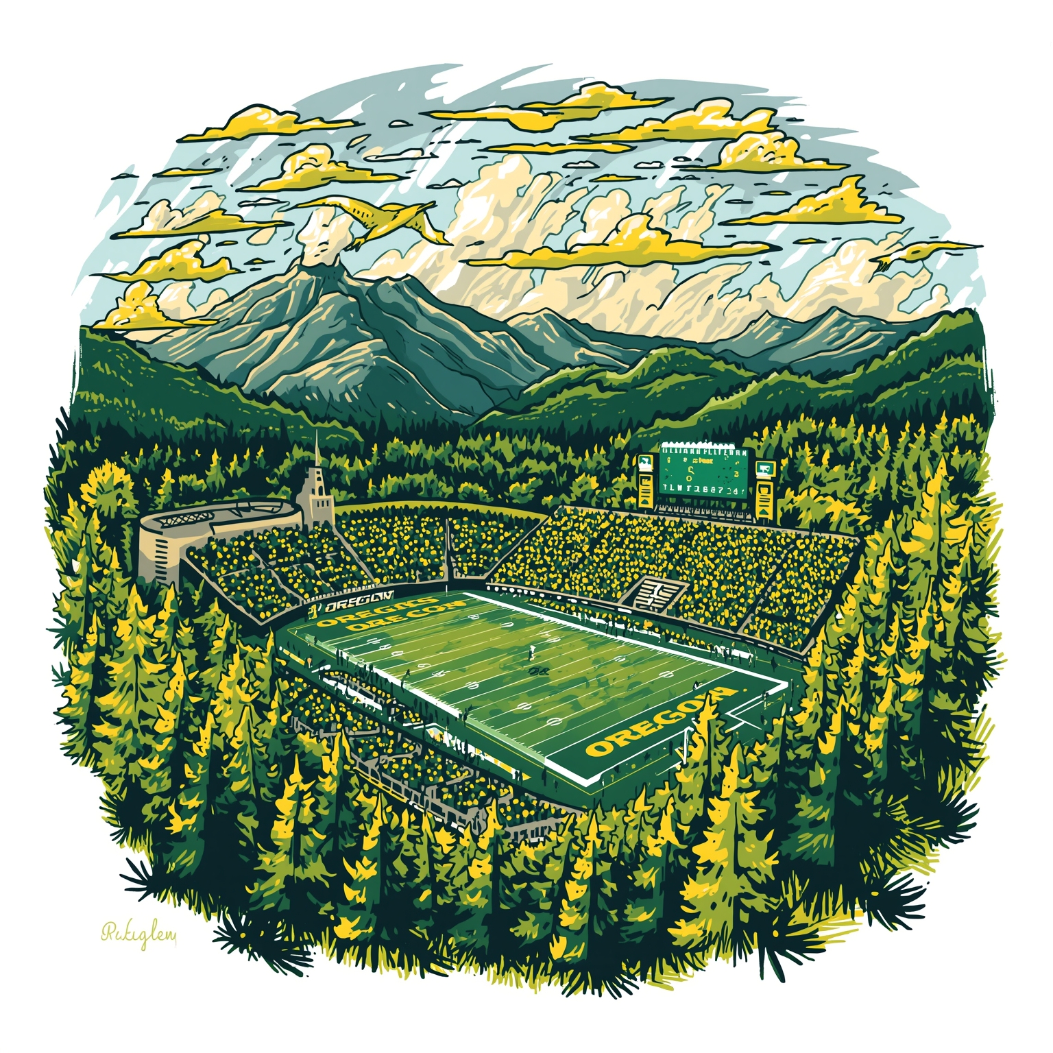 Oregon Ducks Football: Explosive, Exposed & Historic - painting of Oregon Ducks football venue
