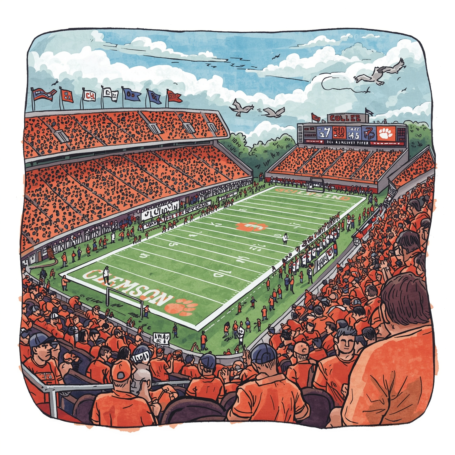 Title: Tiger Tales and Flip Fates on the Gridiron - painting of Clemson Tigers football venue