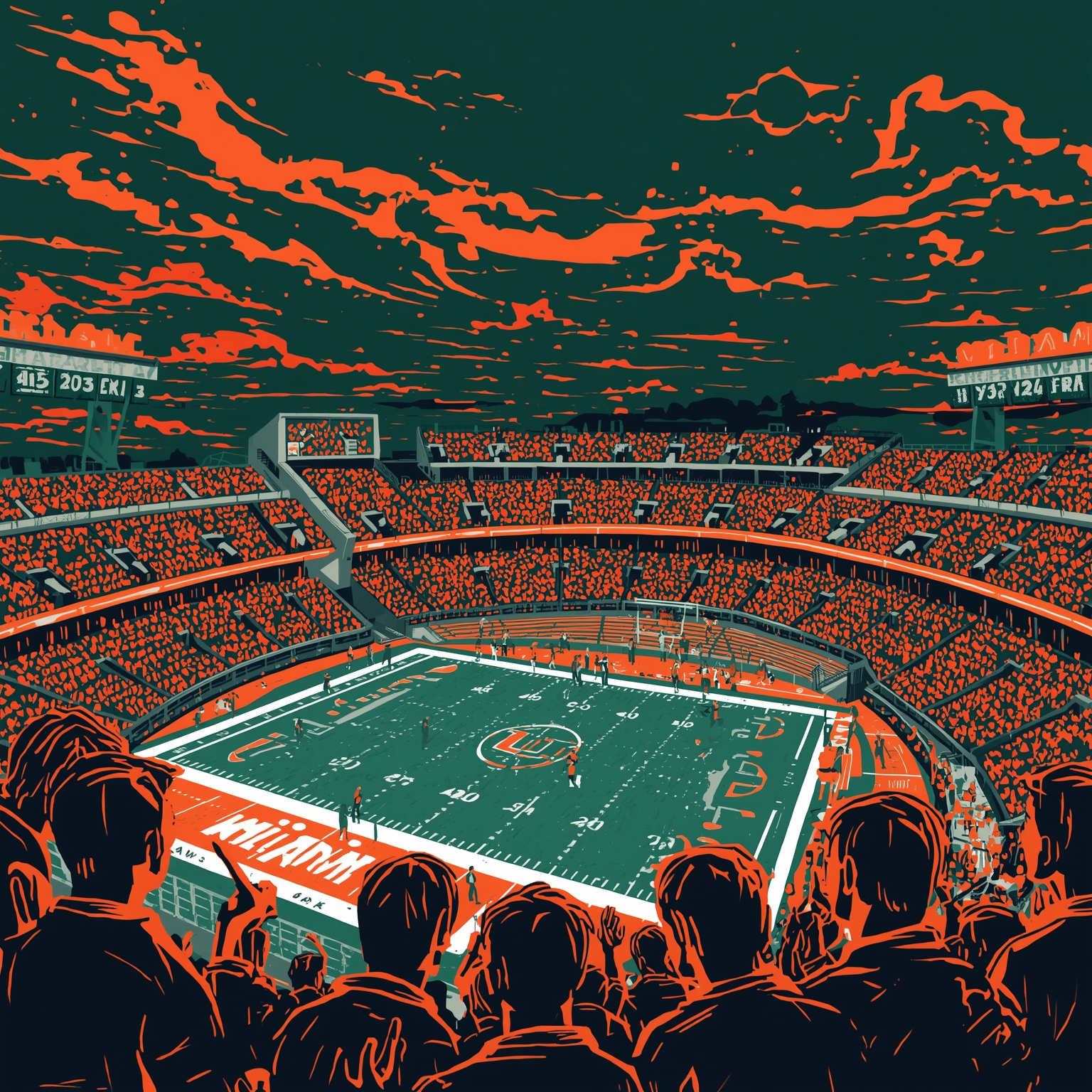 Miami Hurricanes: SMU Showdown and Center Award Watch - painting of Miami Hurricanes football, basketball venue
