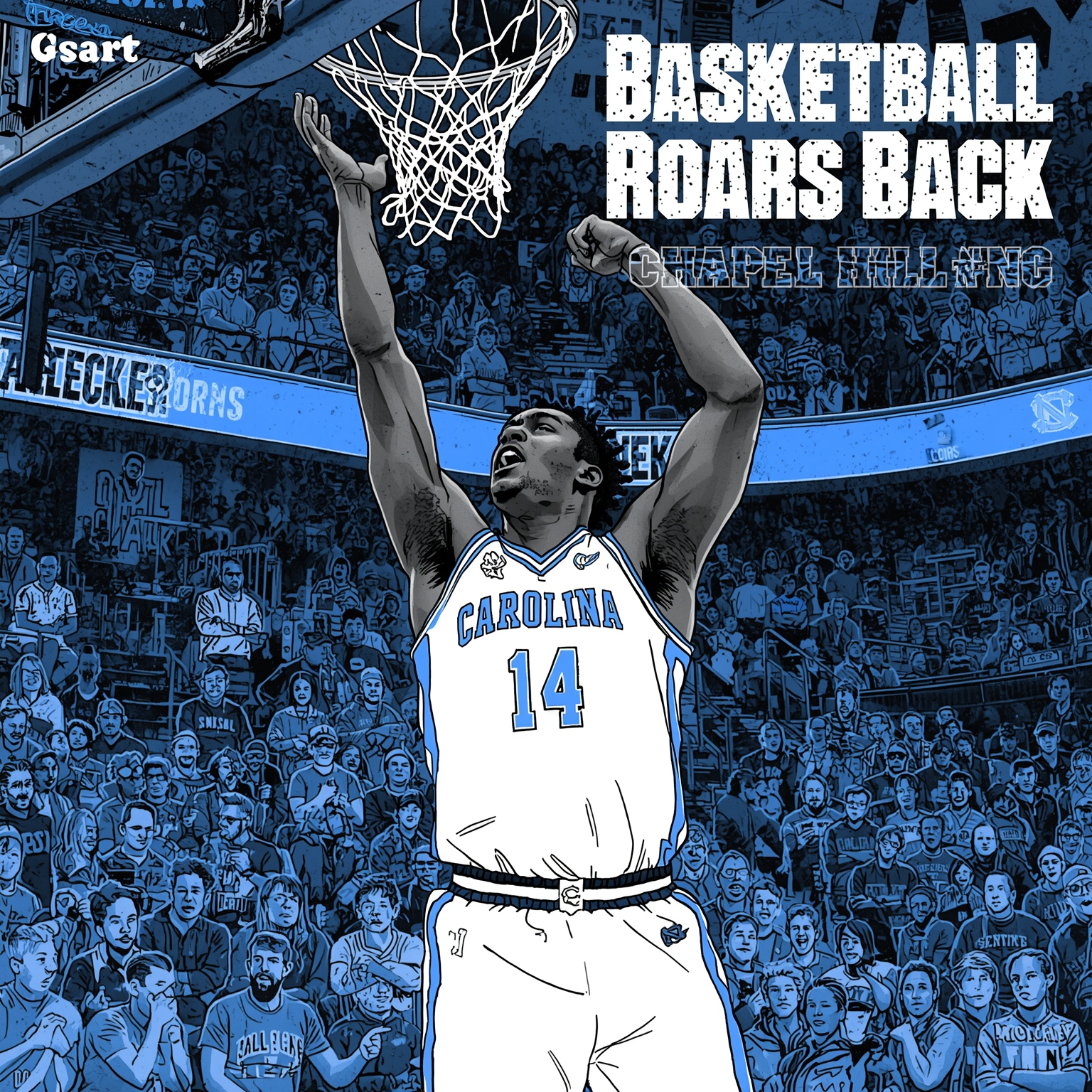 Tar Heels Basketball Roars Back, Freshman Dunk Sensation - painting of North Carolina Tar Heels basketball venue