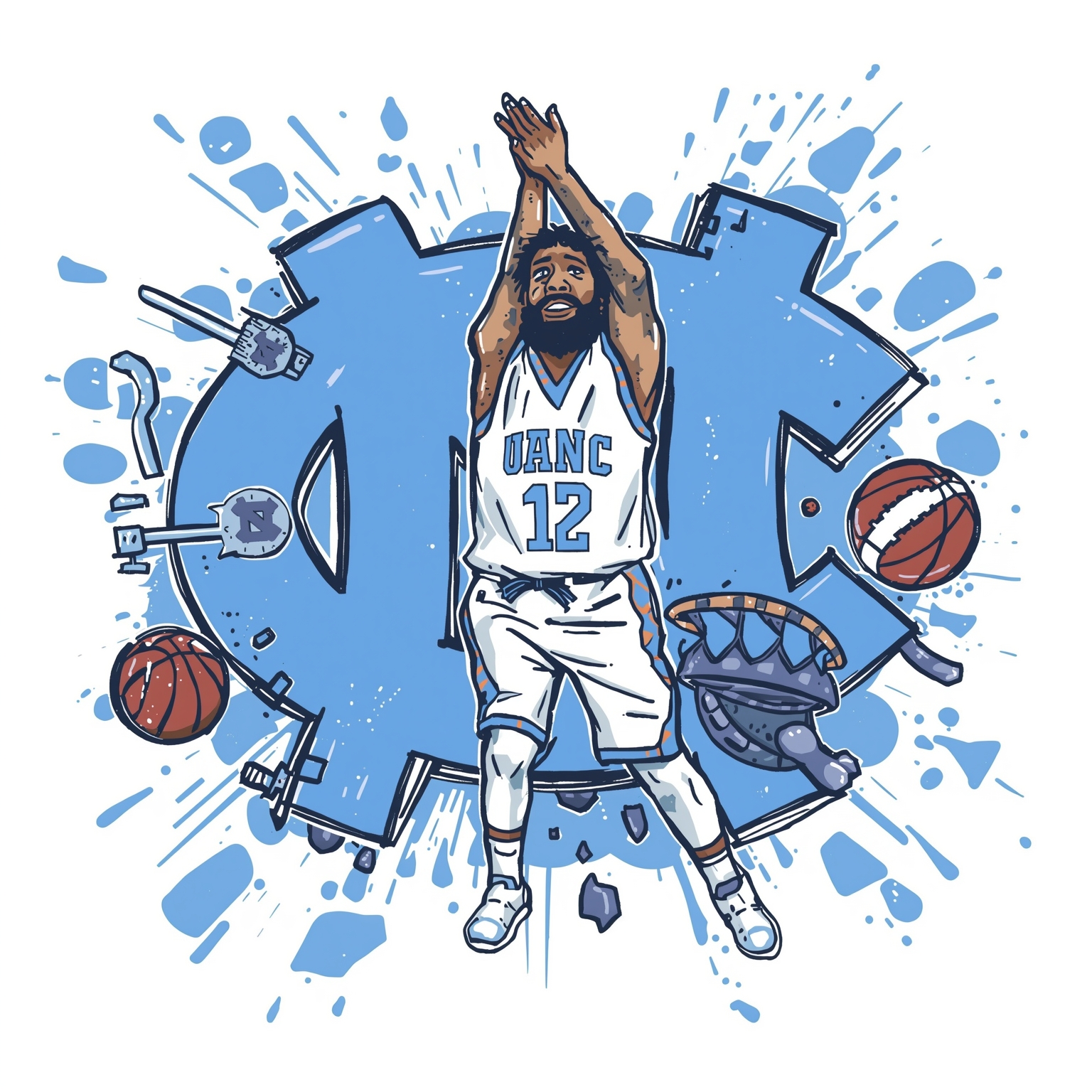 UNC’s Season Swing: Elon Blowout to KU Showdown - painting of North Carolina Tar Heels basketball, football venue