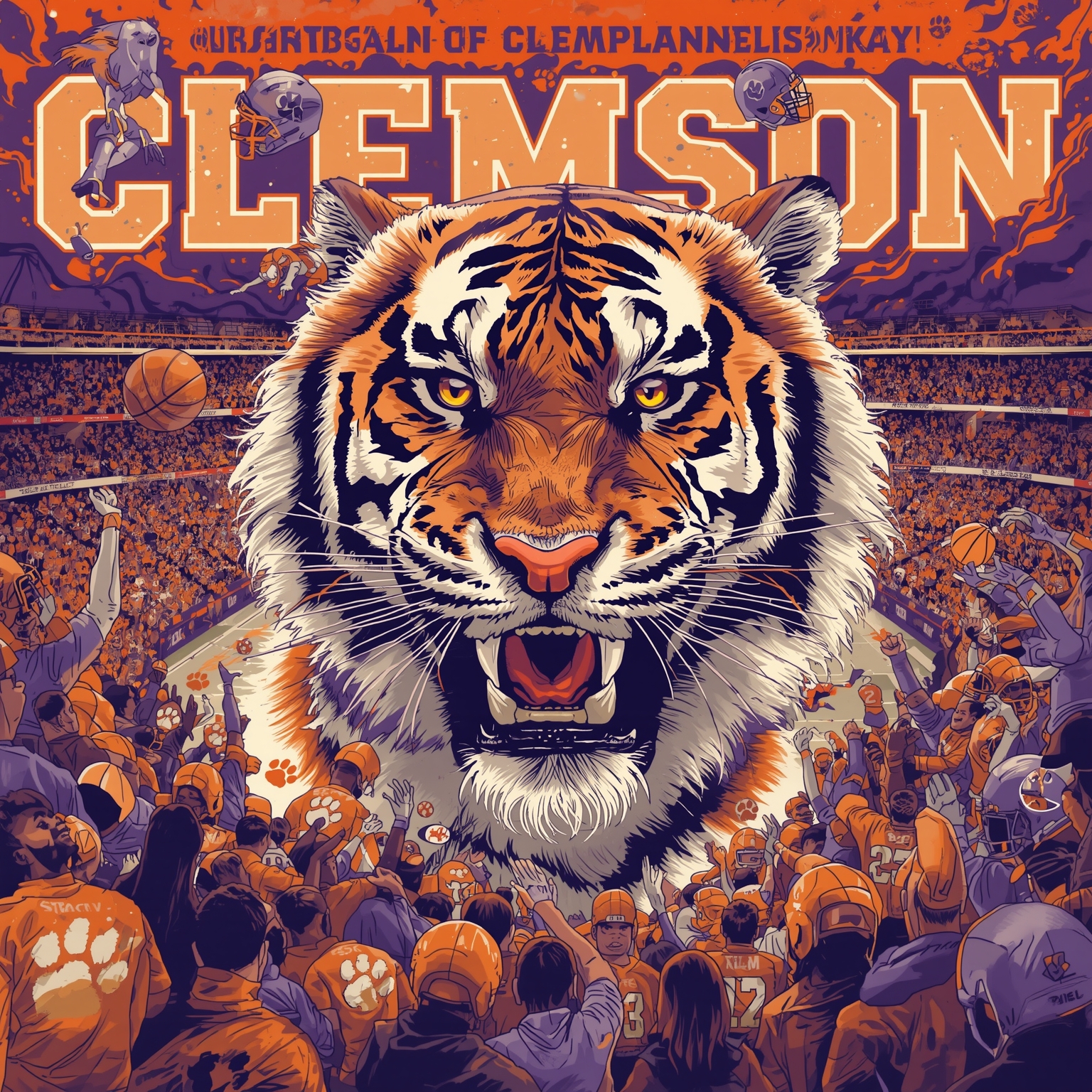 Clemson’s Court Triumphs and Gridiron Showdown Prep - painting of Clemson Tigers basketball, football venue