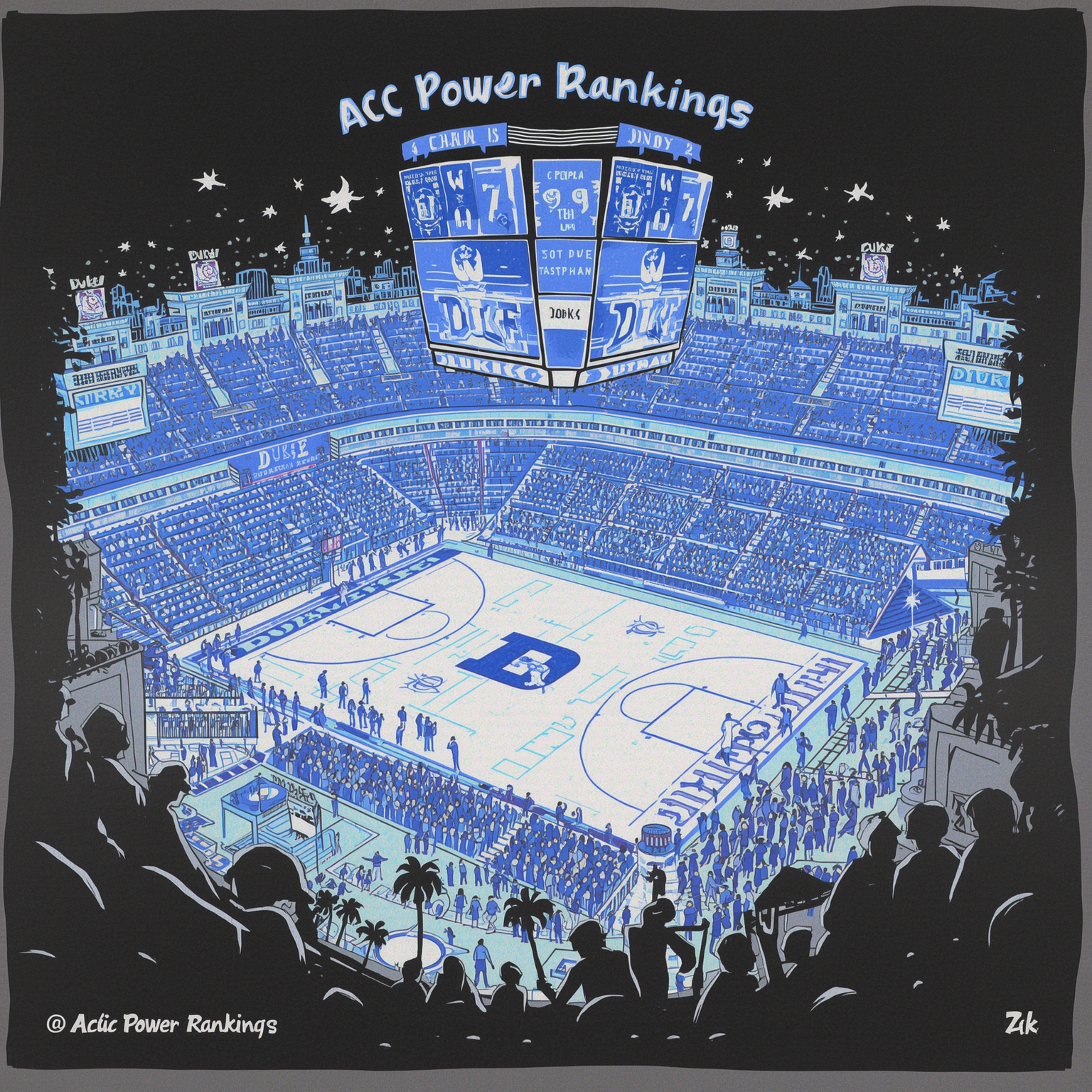 ACC Power Rankings to Duke vs UConn Live Showdown - painting of Duke Blue Devils football, basketball venue