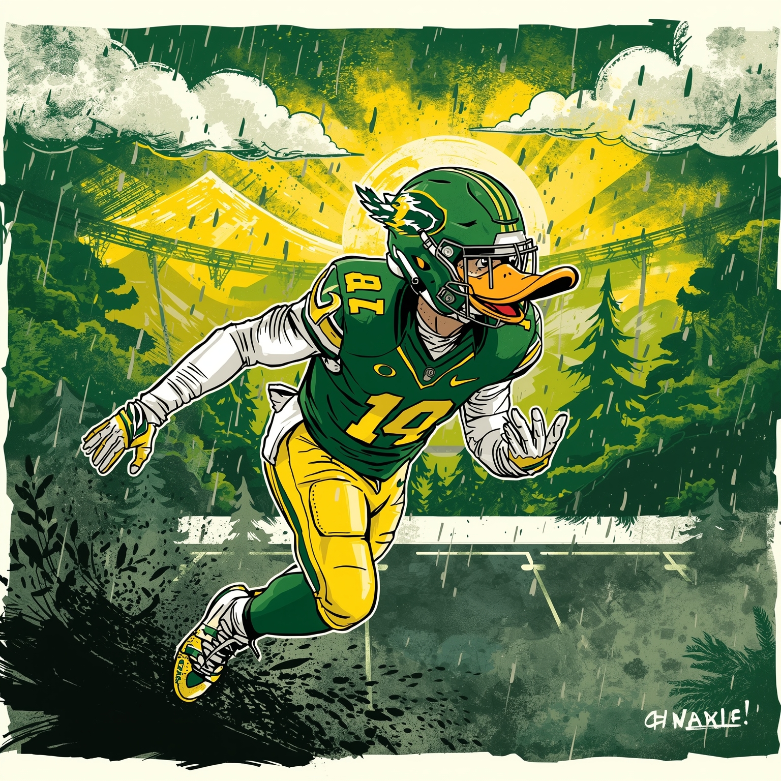 Oregon Ducks: Injuries, Rain, and Playoff Fate - painting of Oregon Ducks football venue