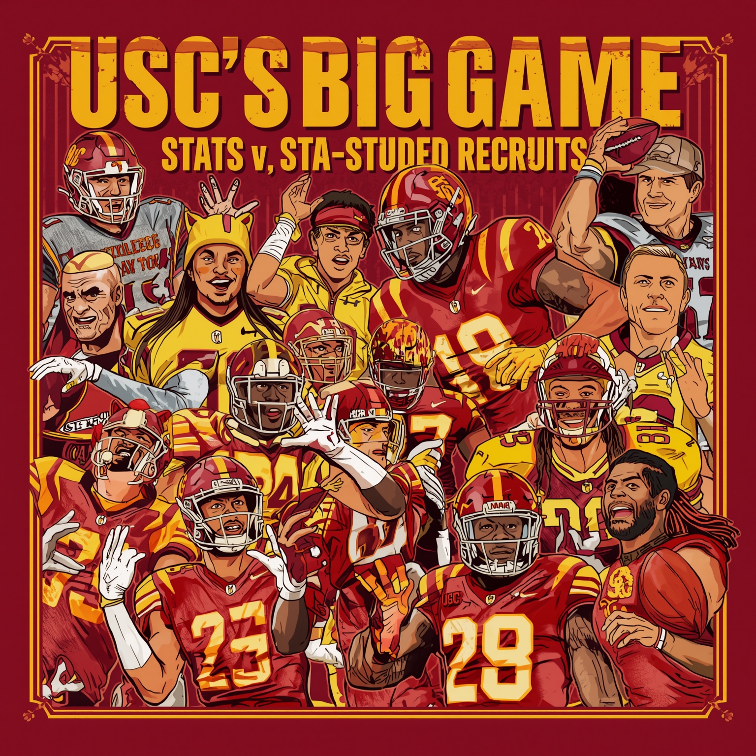 USC’s Big Game: Stats vs. Star-Studded Recruits showdown - painting of USC Trojans football,volleyball venue