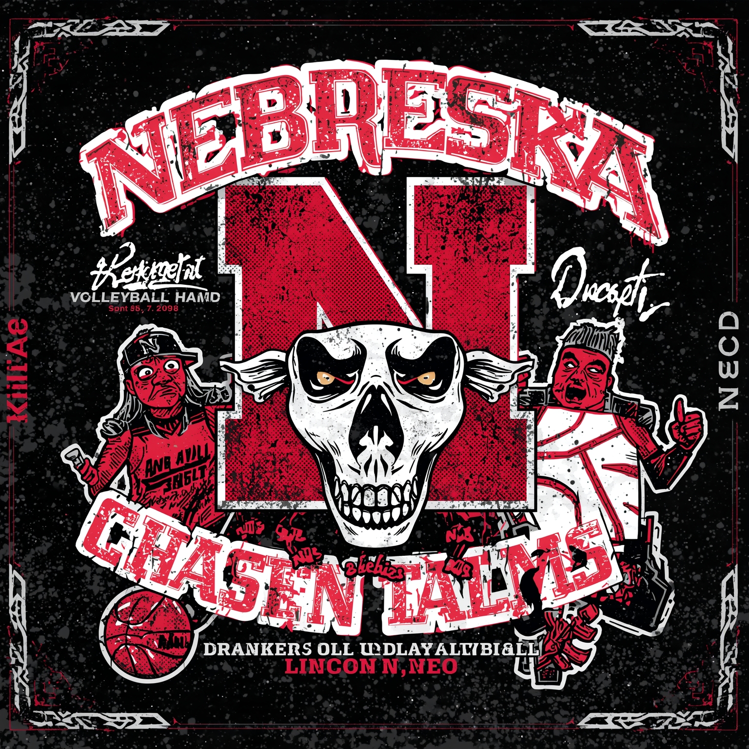 Big Red Rumbles: Basketball, Baseball, Volleyball Highlights - painting of Nebraska Cornhuskers basketball, baseball, volleyball venue