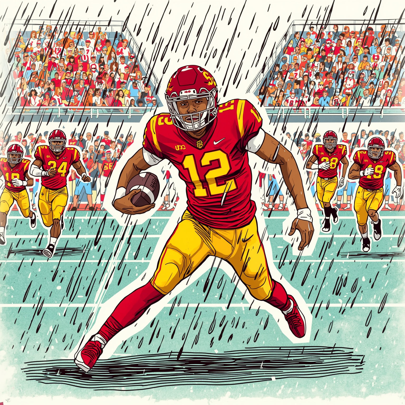 USC’s Rainy Playoff Push Fueled by Defensive Stars - painting of USC Trojans football venue