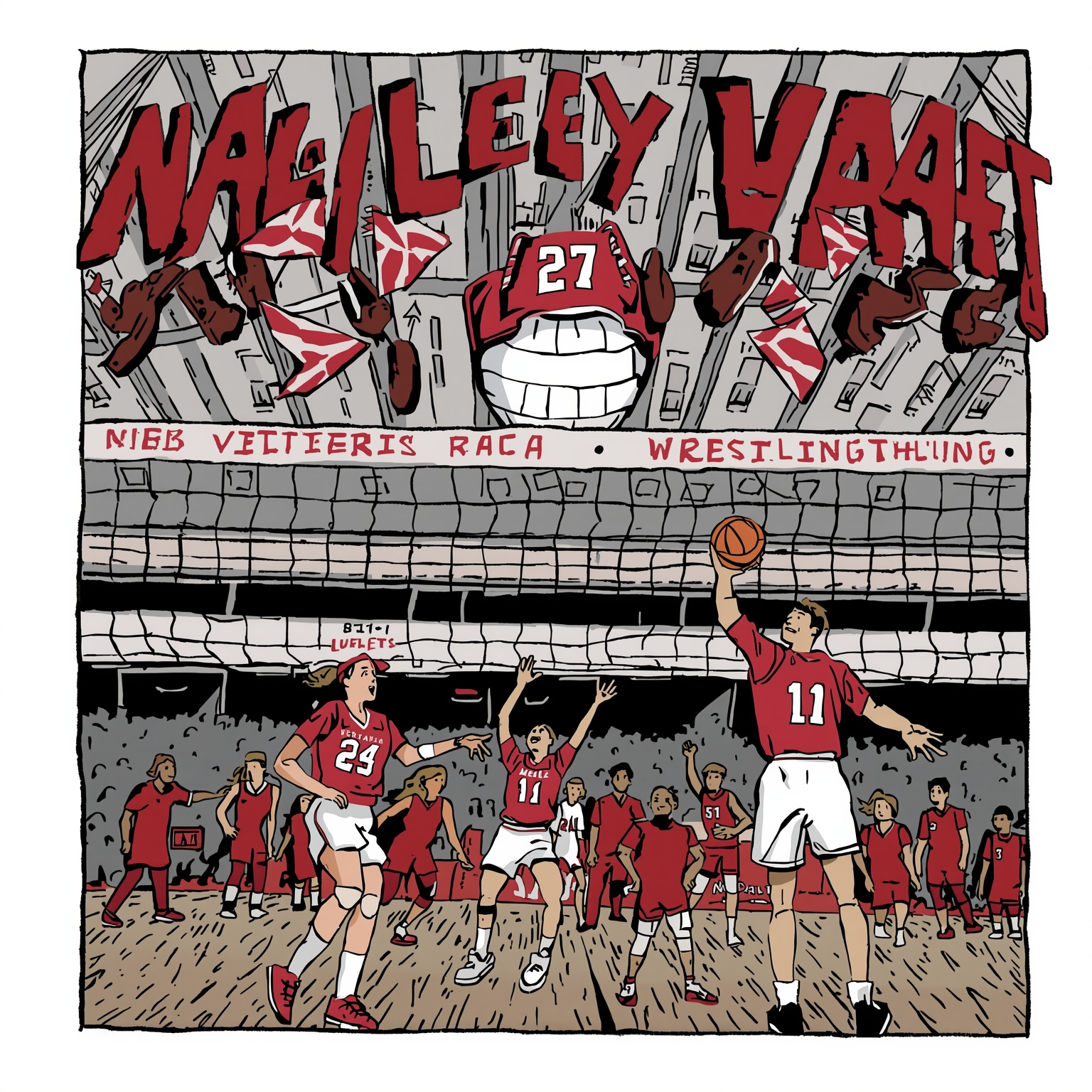 Daily Husker Recap: Volleyball, Basketball & Wrestling - painting of Nebraska Cornhuskers volleyball, basketball venue