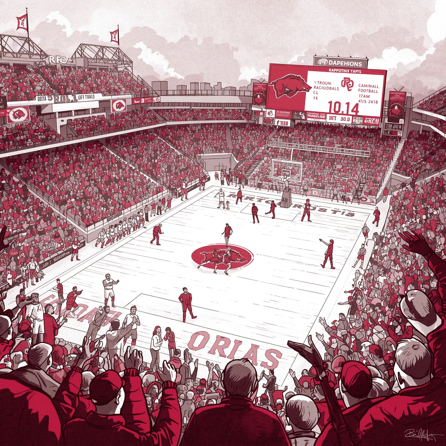 Gridiron and Hardwood Hogs in Last-Minute Drama - painting of Arkansas Razorbacks basketball, football venue