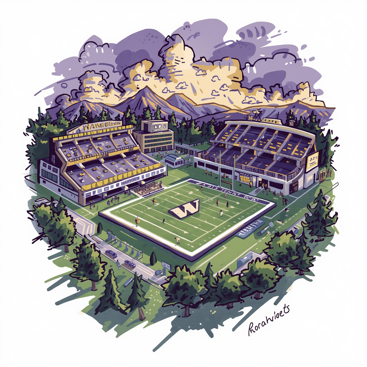 Huskies' Football: Repairs, Replacements, and Rehab - painting of Washington Huskies football venue