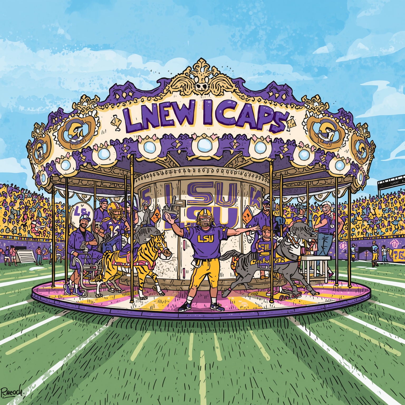 LSU Coaching Carousel: Kiffin, Franklin, Dillingham - painting of LSU Tigers football venue