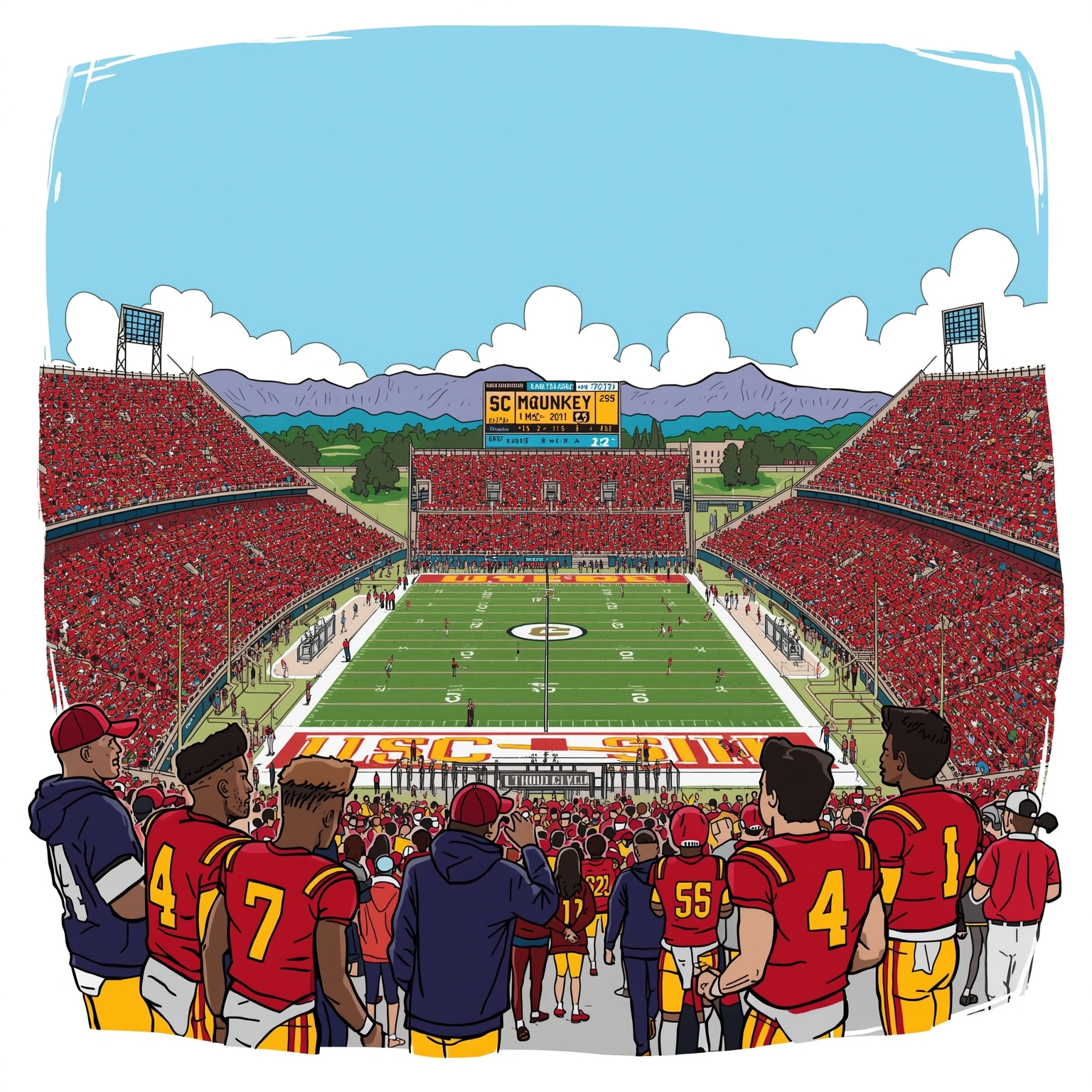 USC Trojans’ Offensive Prowess: Stats and Praise - painting of USC Trojans football venue