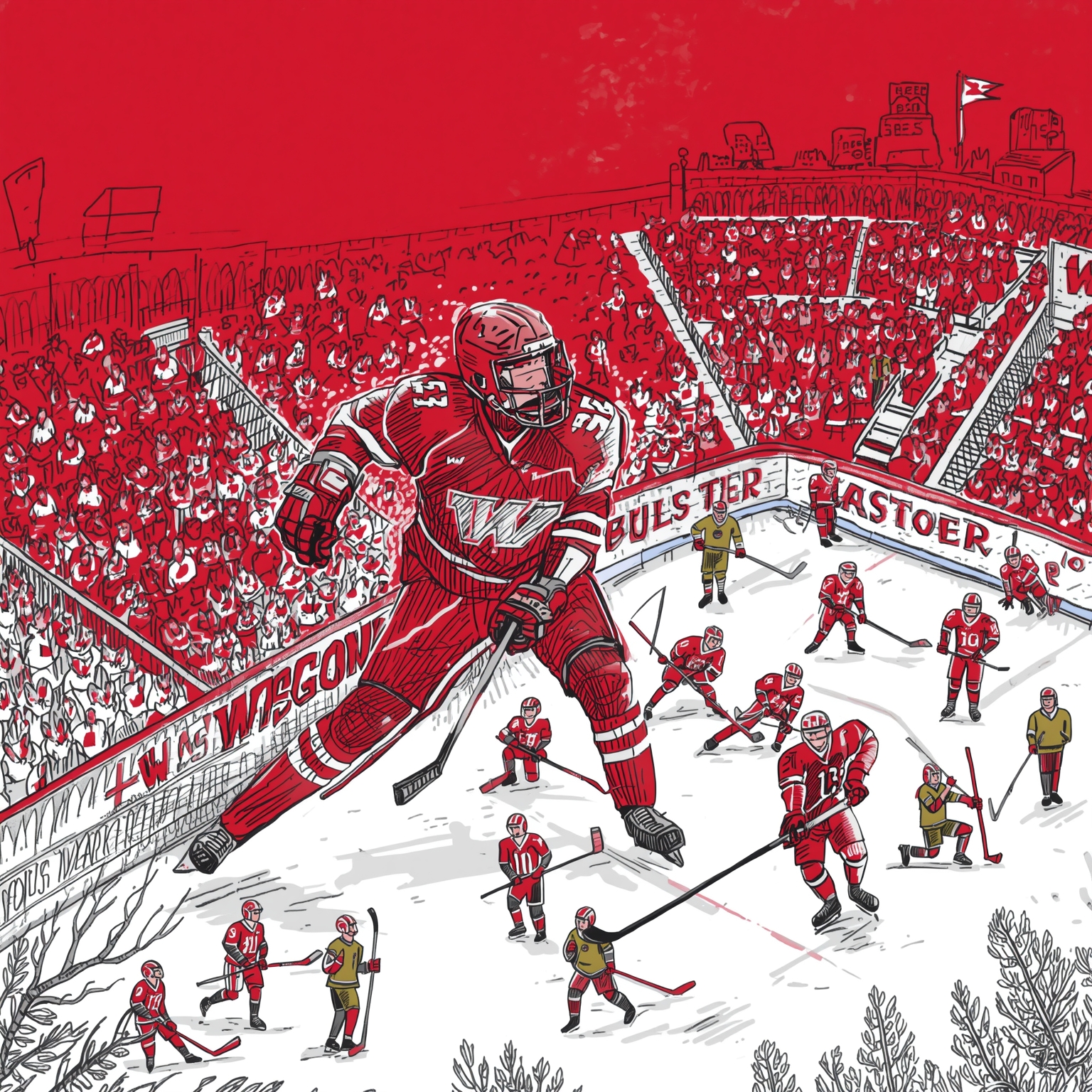 Badgers: Training Tweaks, Recruiting Woes & Top-10 Hockey - painting of Wisconsin Badgers football, hockey venue