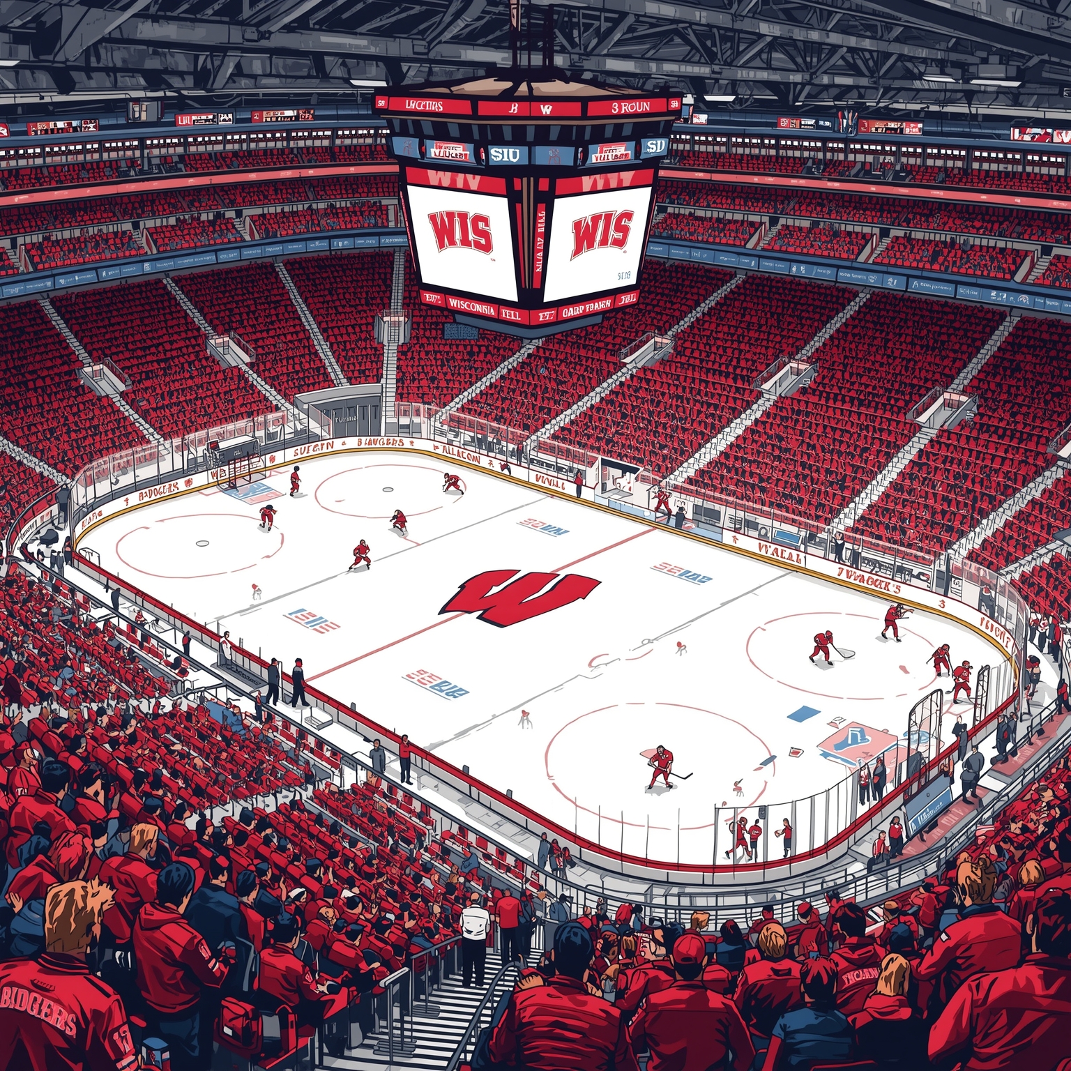 Badgers Locked In: Hockey Showdown & Football Loyalty - painting of Wisconsin Badgers hockey, football venue