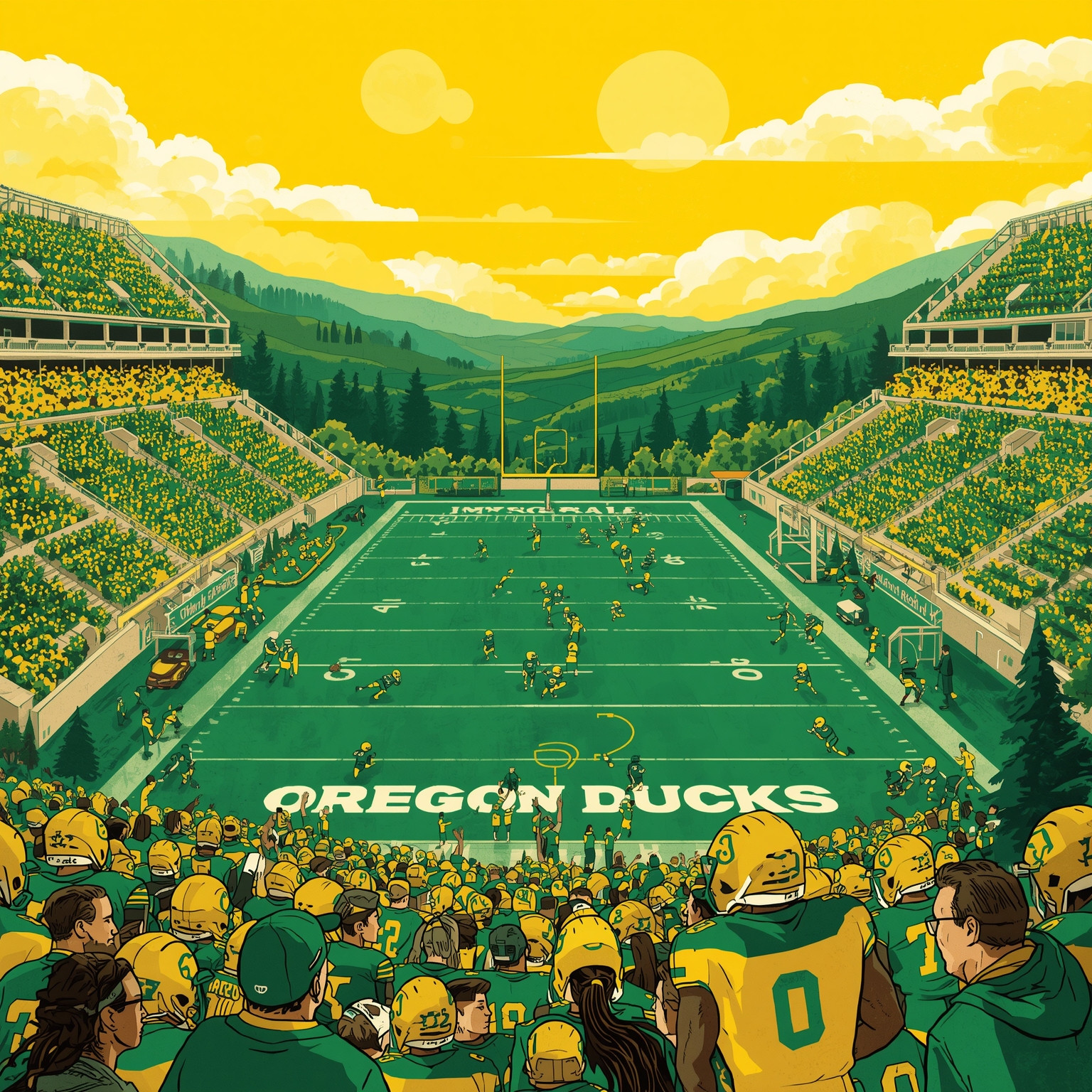 Oregon Ducks: Sunny Forecast, Bear’s Buzz & Coach’s Crunch - painting of Oregon Ducks football venue
