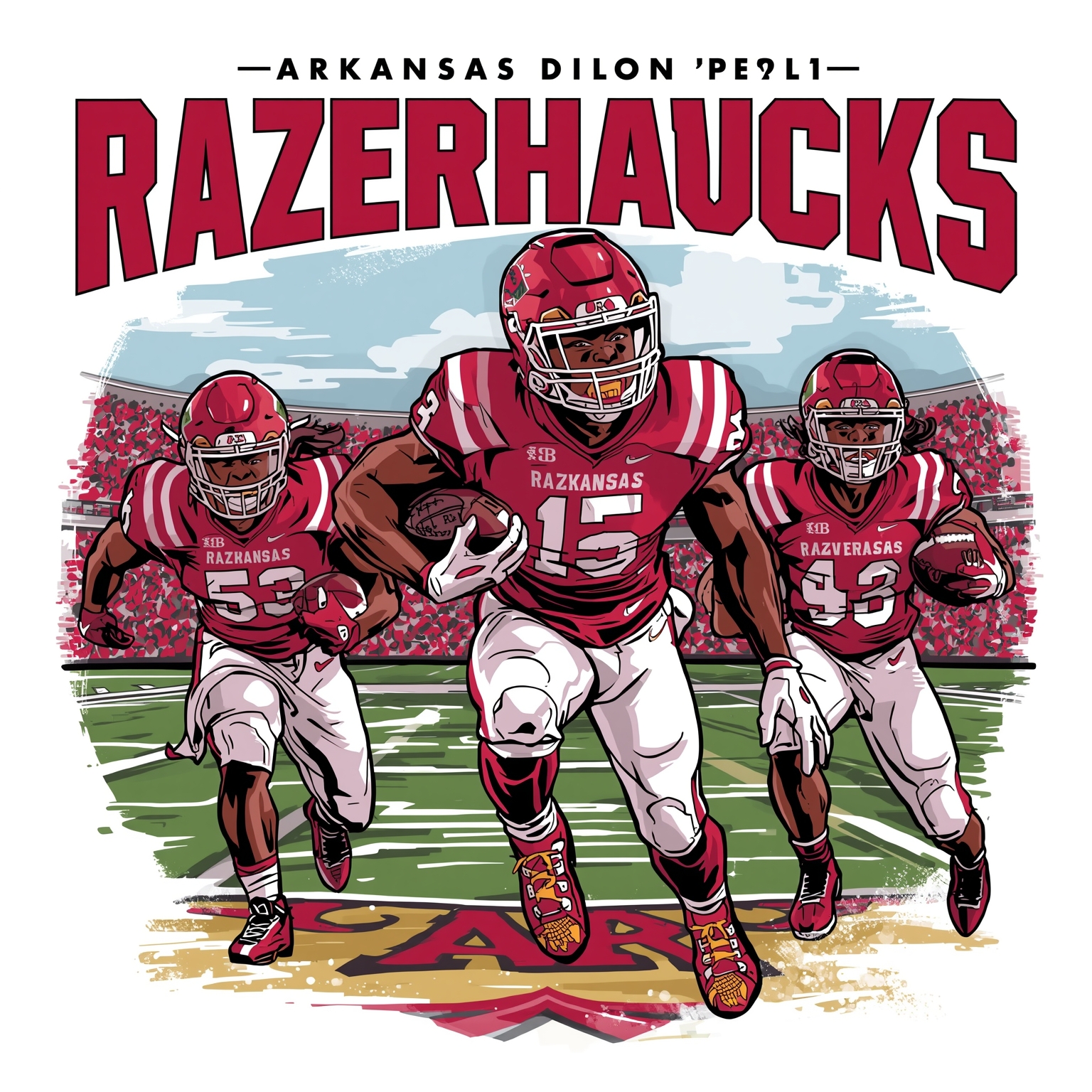 Razorbacks Shine in Basketball, Seek Late Football Test - painting of Arkansas Razorbacks basketball, football venue