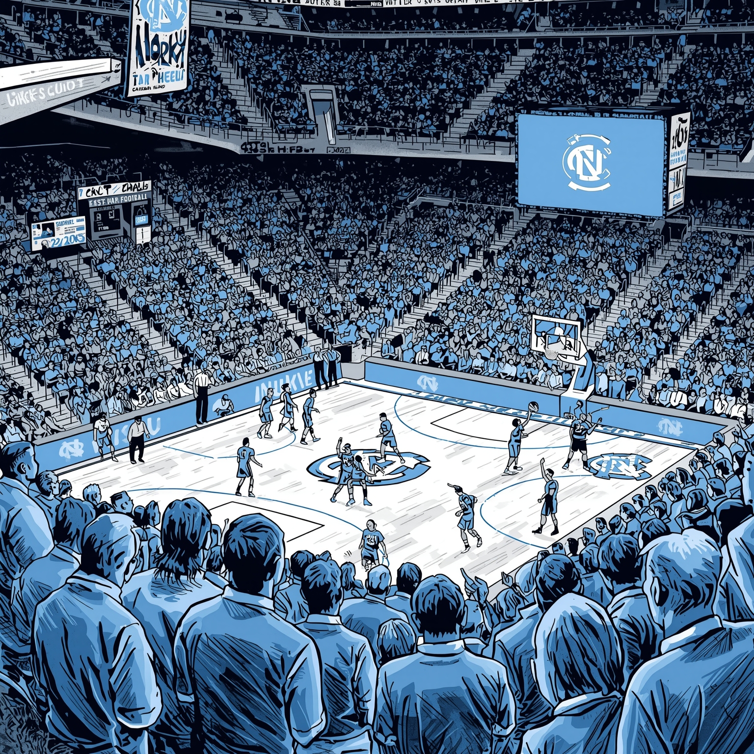 From Duke Defeat to NBA Dreams: Tar Heels Unleashed - painting of North Carolina Tar Heels football, basketball venue
