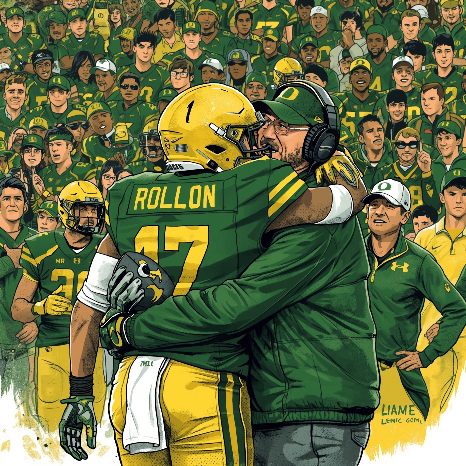 From QB Bench Drama to Coach’s Postgame Family Embrace - painting of Oregon Ducks football venue
