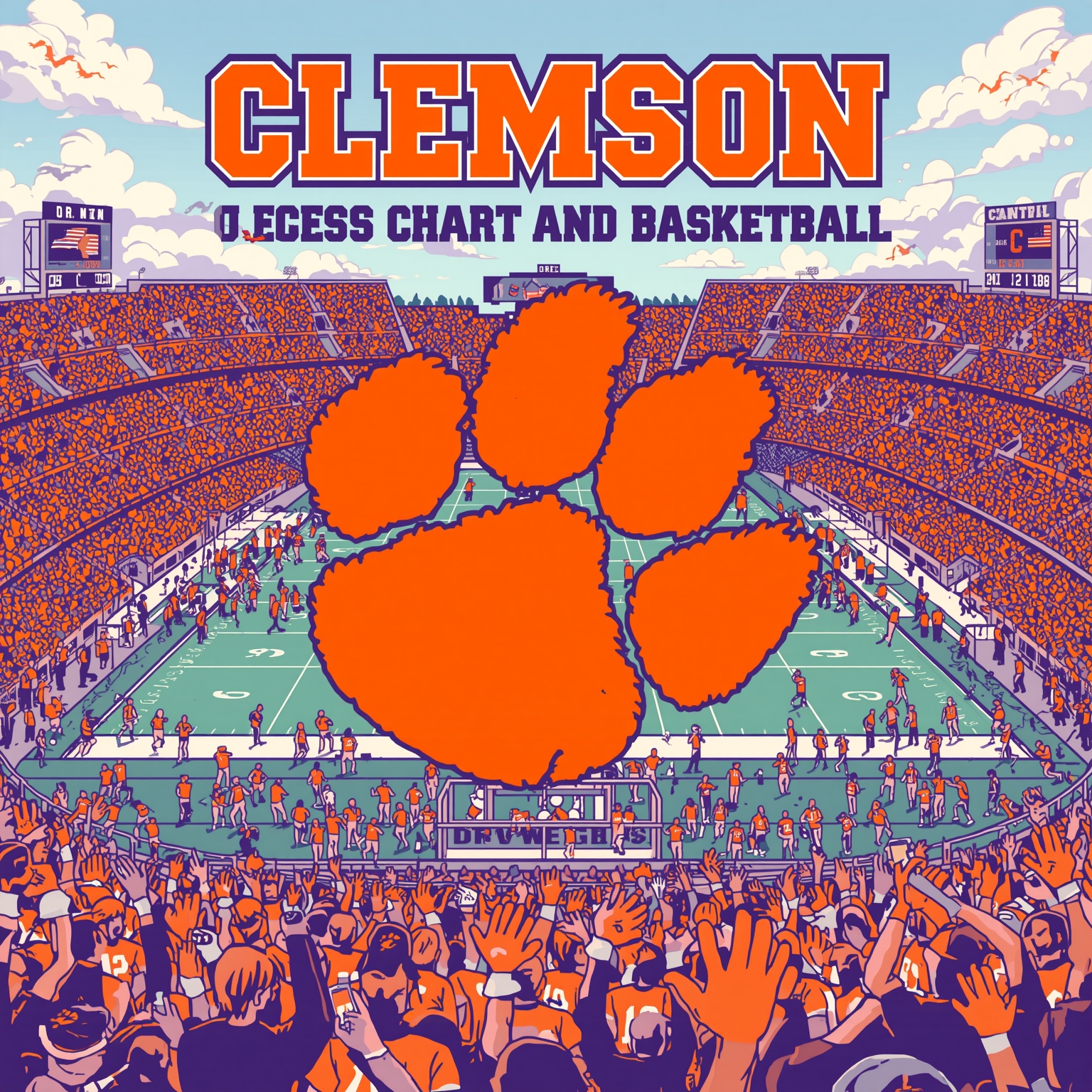 Clemson's Football Depth Chart and Basketball Lineup - painting of Clemson Tigers football,basketball venue