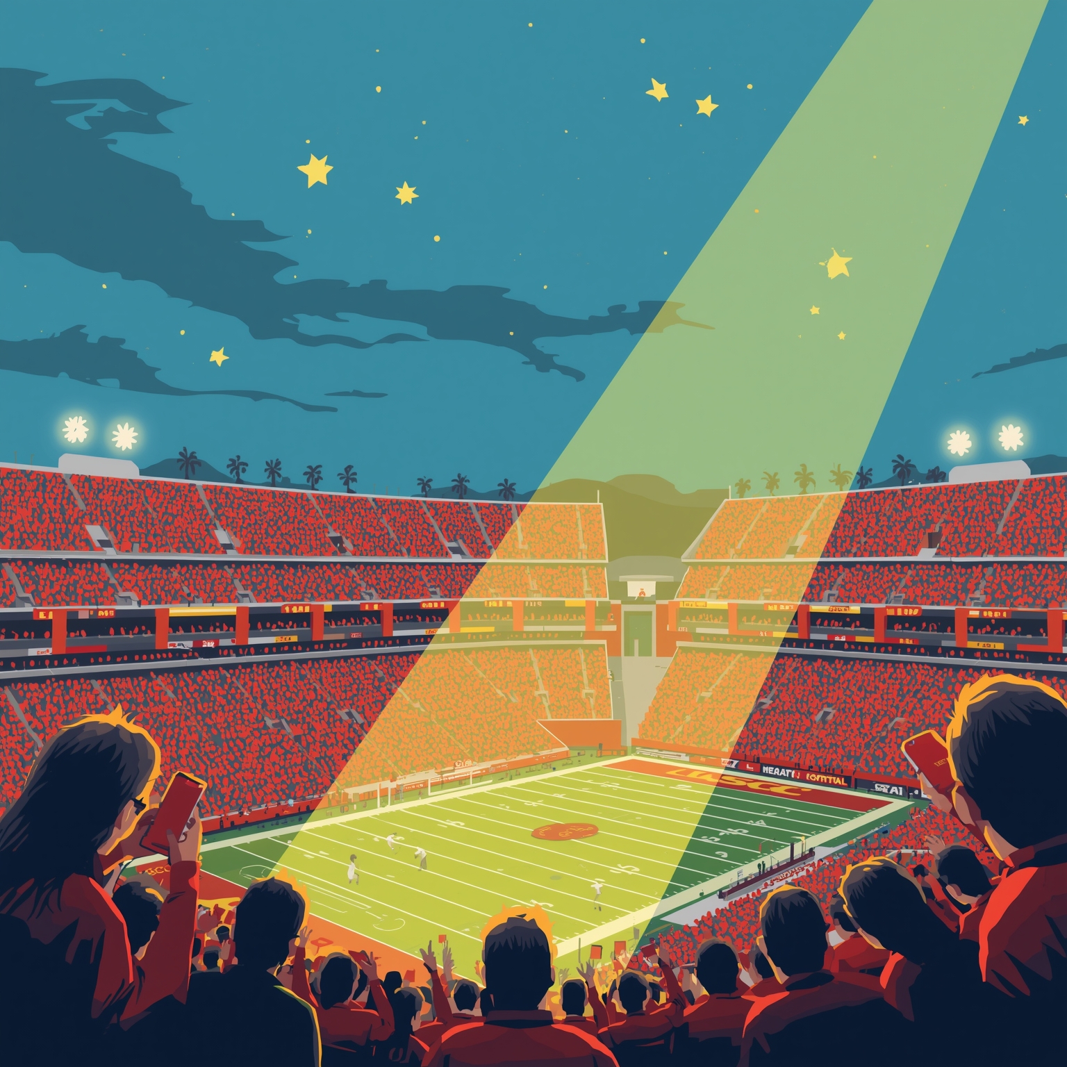 Sunny Skies and Rising Stars Spotlight LA Rivalry - painting of USC Trojans football venue
