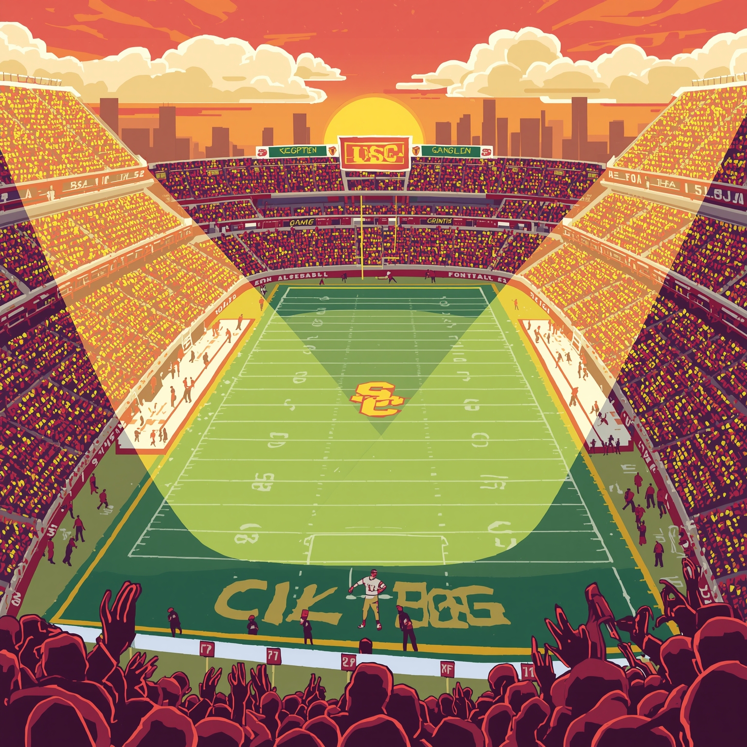 USC’s Rivalry Spotlight: Legends and Lineups Collide - painting of USC Trojans football venue