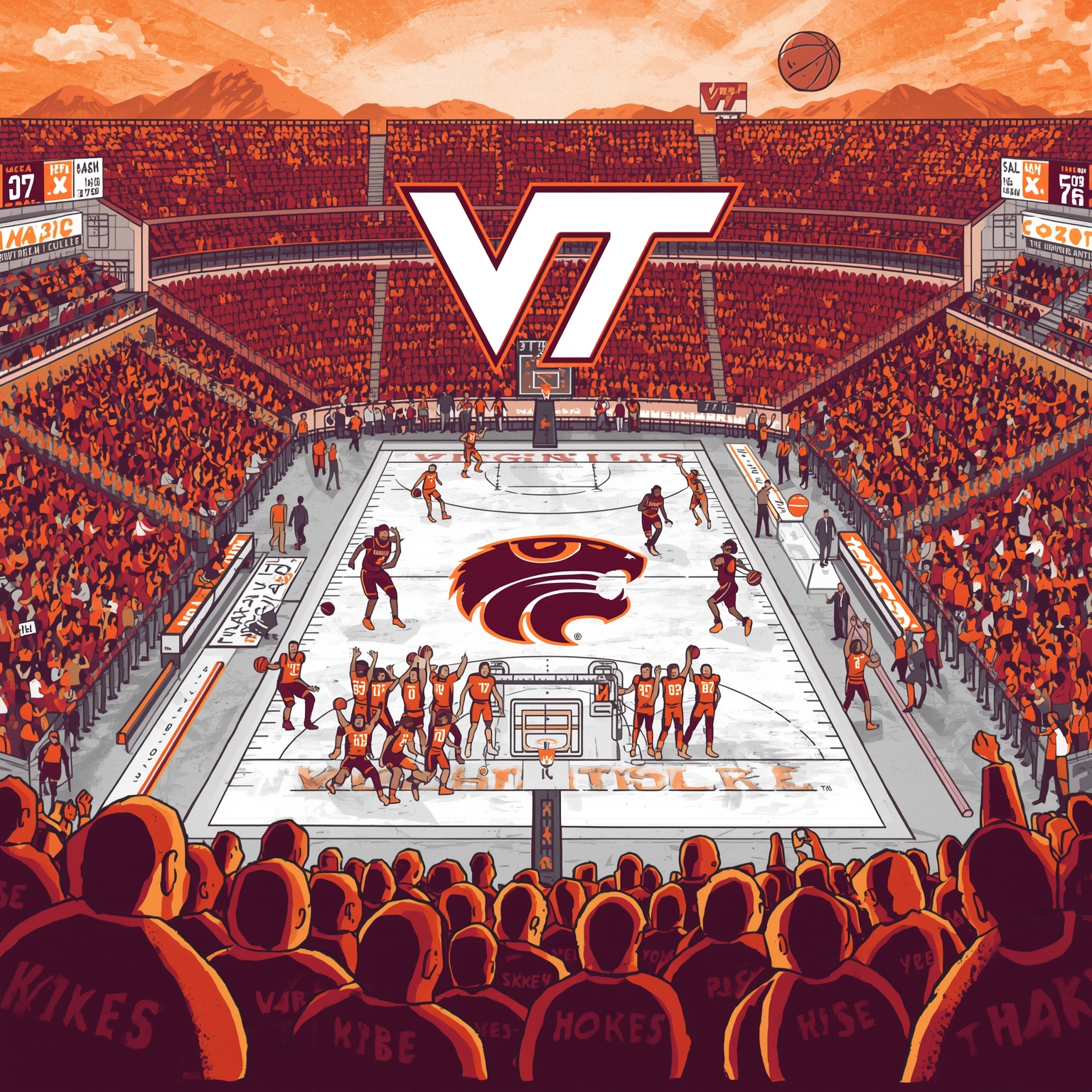 Hokies on the Rise: Courts and Gridiron Insights - painting of Virginia Tech Hokies basketball,football venue