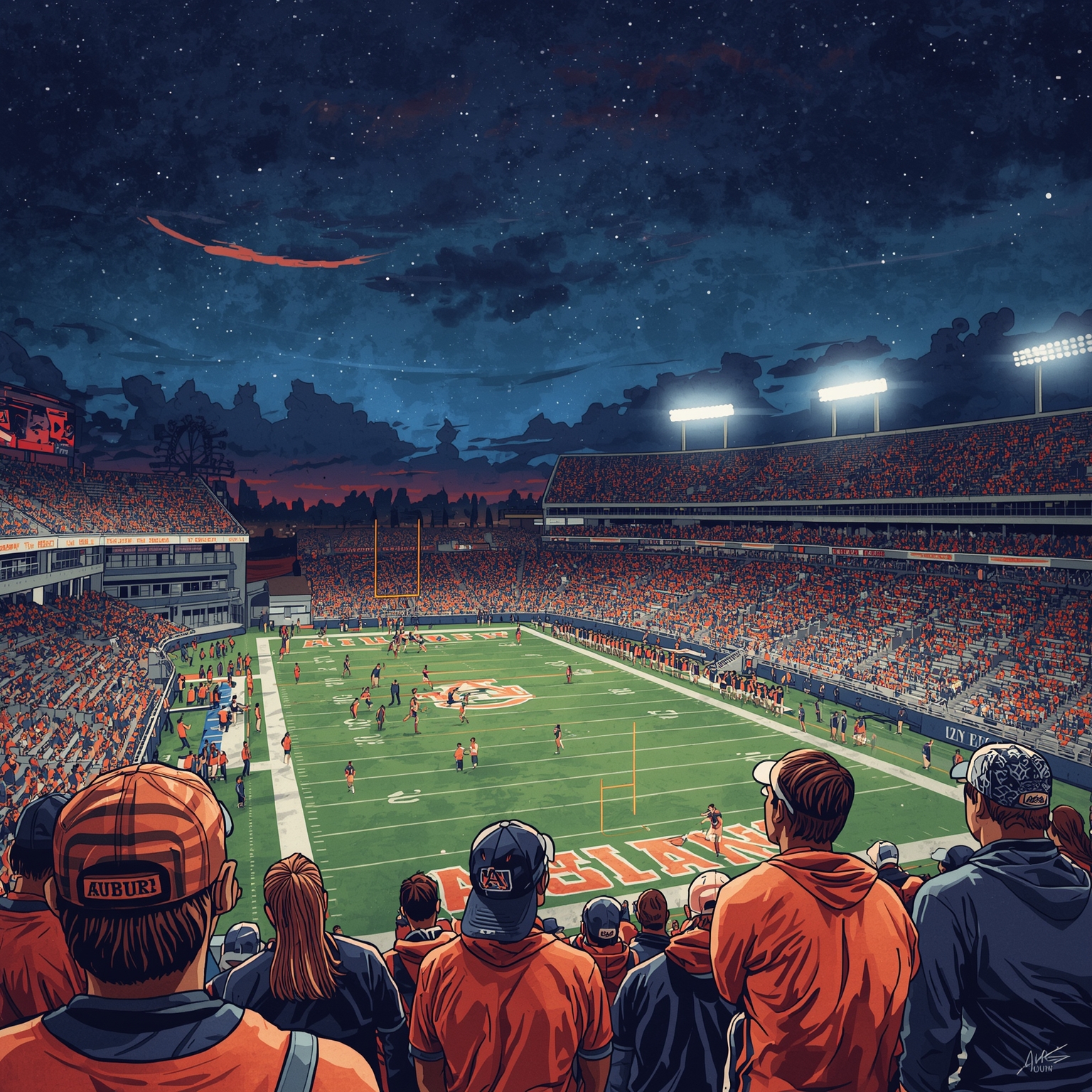 From Linebacker Exodus to Overton’s Breakout Night - painting of Auburn Tigers football, basketball venue