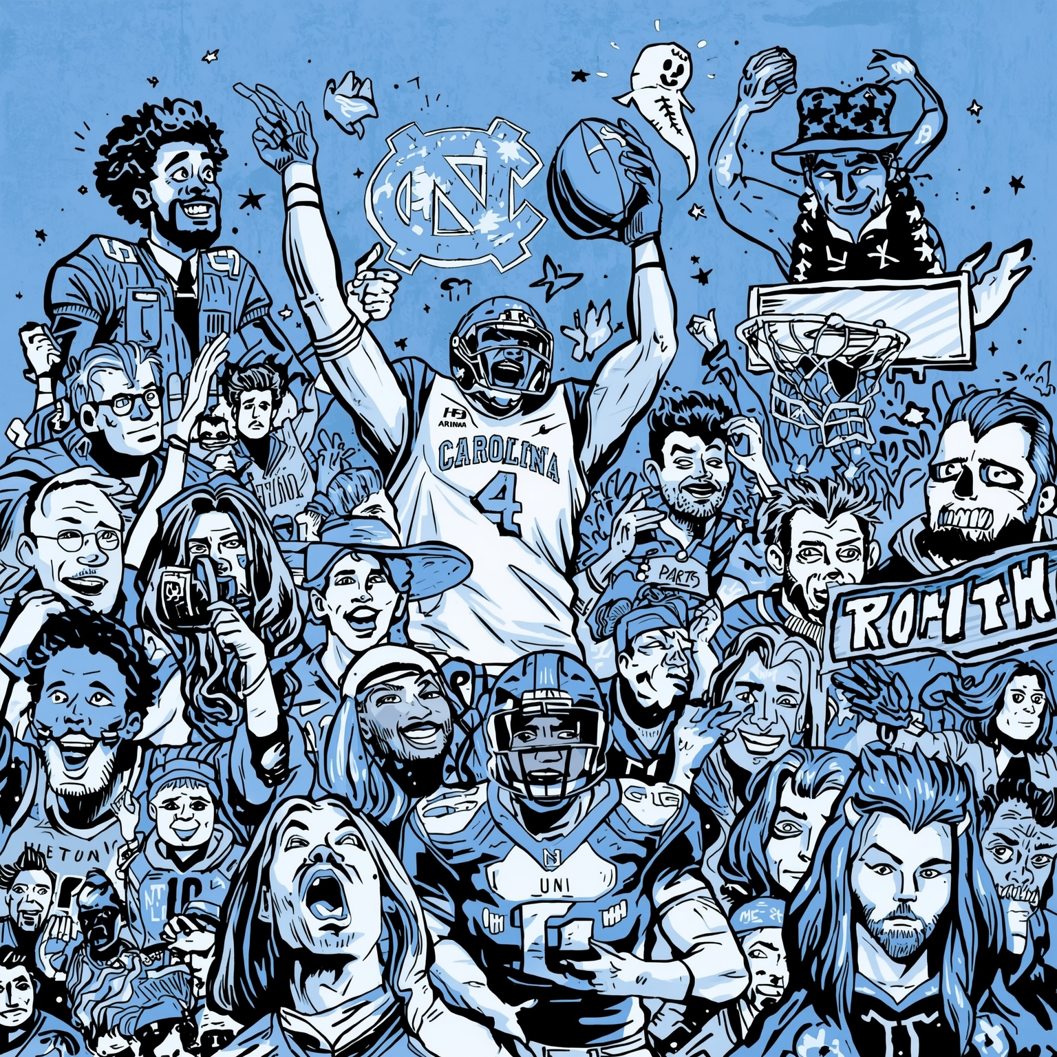Tar Heels: Basketball Brilliance and Safety Pursuit - painting of North Carolina Tar Heels basketball,football venue