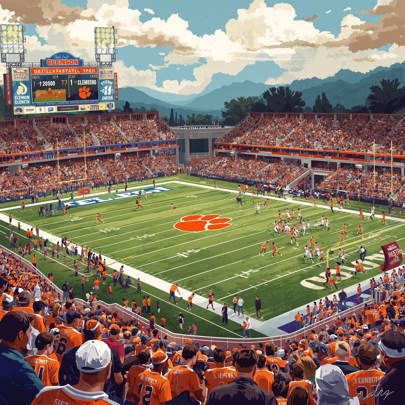 Clemson’s Hoops Rise and Defensive Accolades - painting of Clemson Tigers basketball,football venue