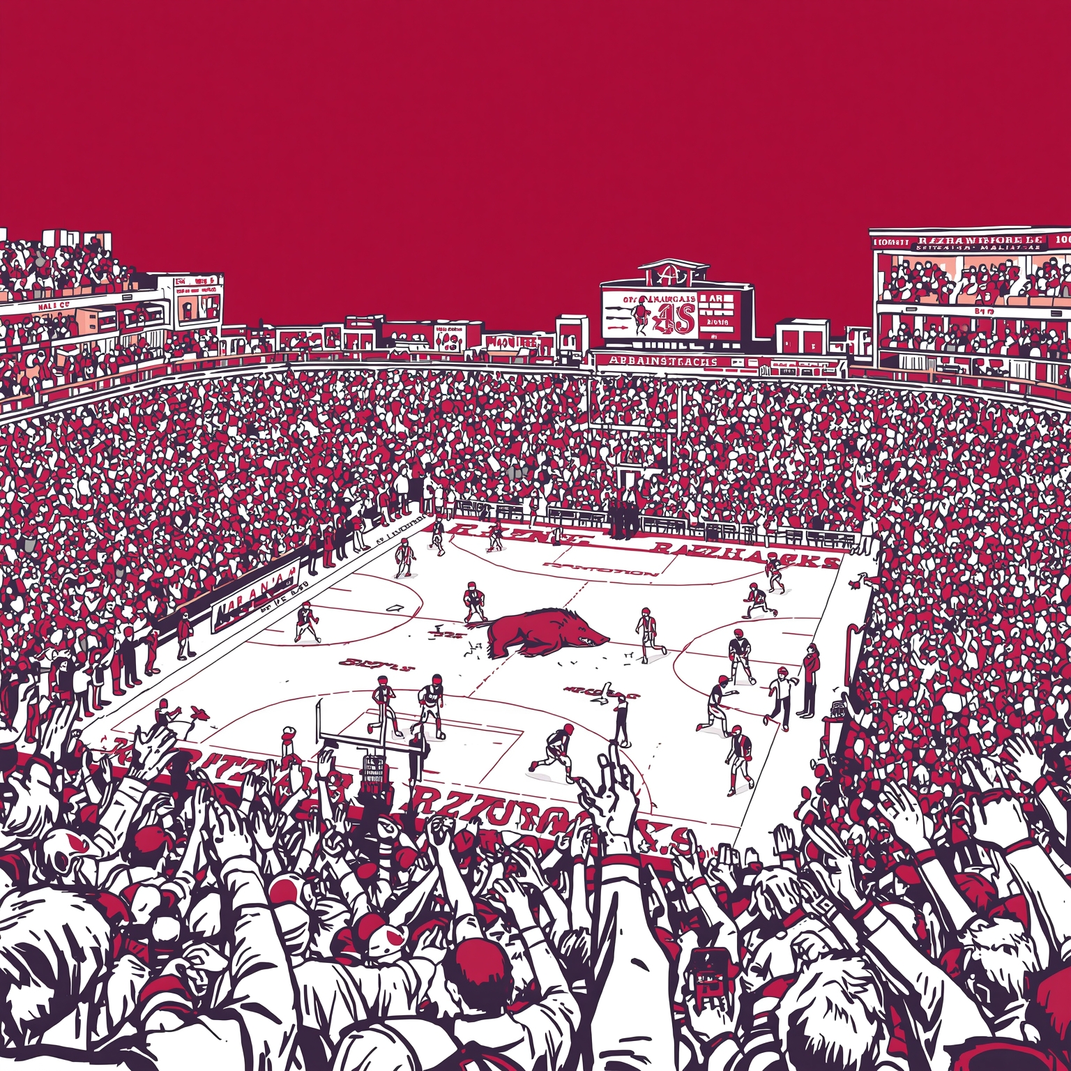 Arkansas Razorbacks: Coaching Chaos and Poll Surge - painting of Arkansas Razorbacks basketball, football venue