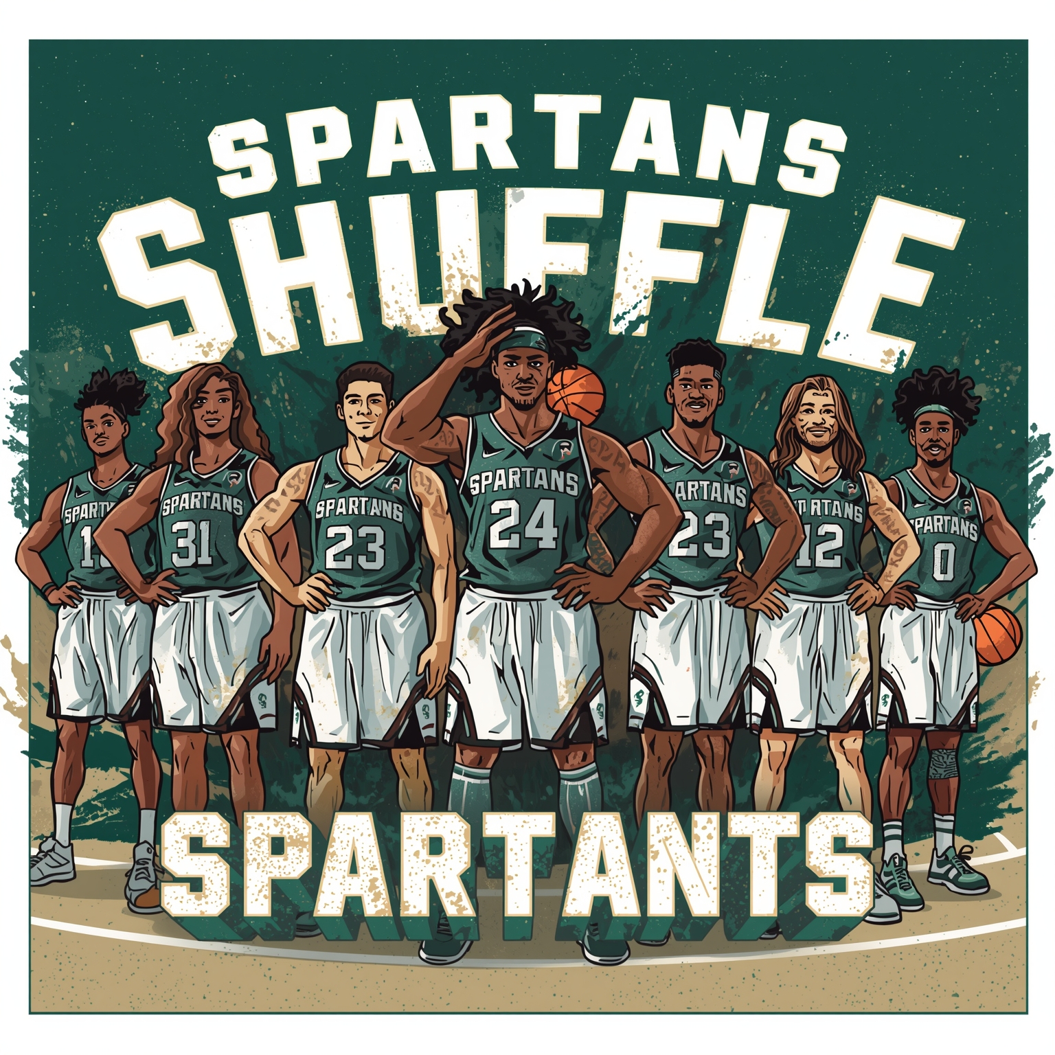Spartans Shuffle: Shooting Guards and Wideouts - painting of Michigan State Spartans basketball,football venue