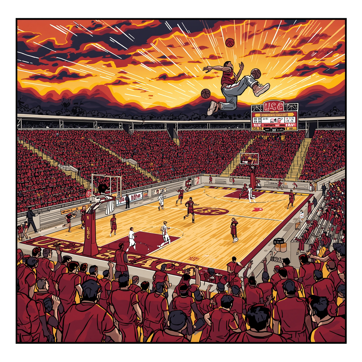 USC’s Court Clash & Transfer Portal Power Moves - painting of USC Trojans basketball, football venue