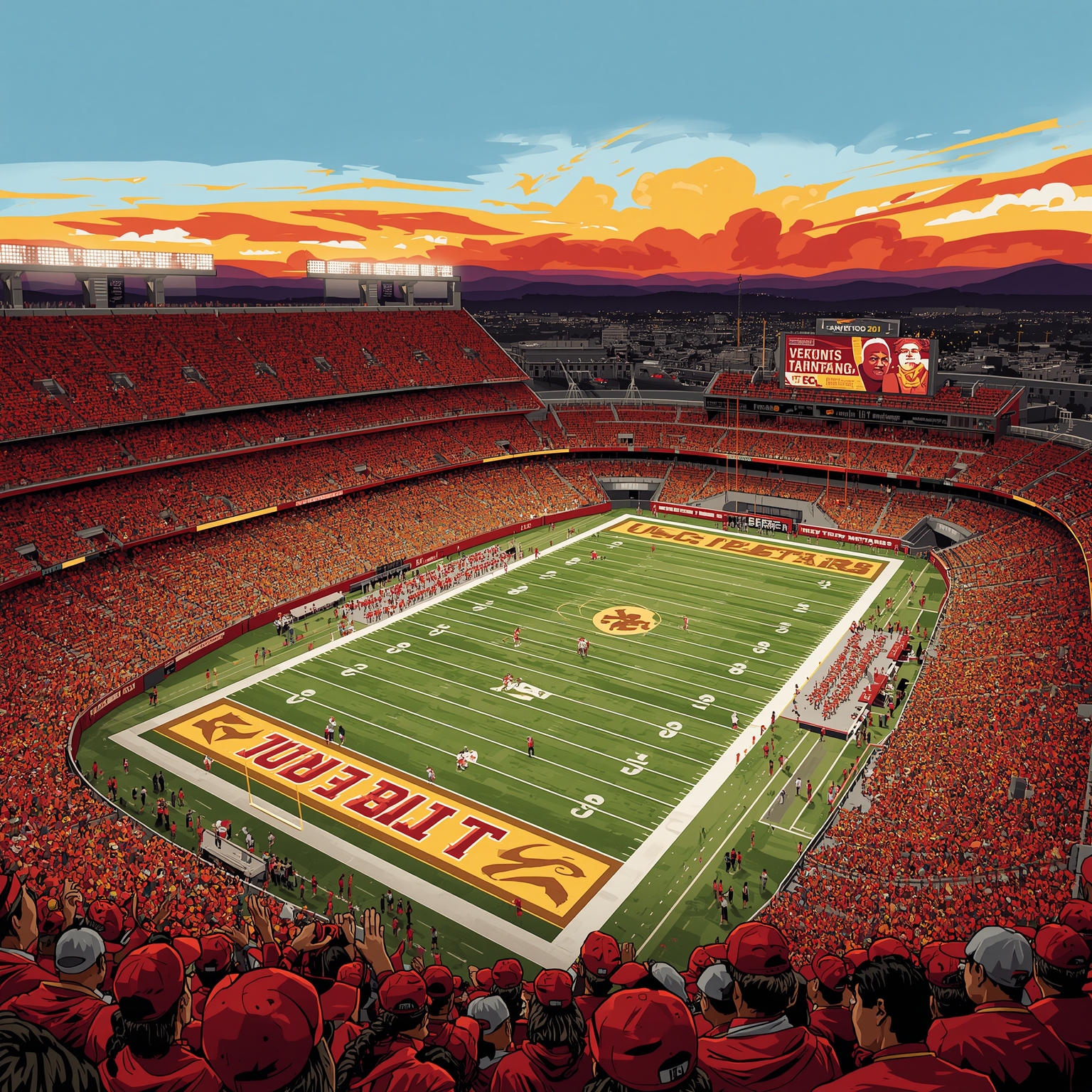 USC Stars: Draft Decisions to ACL Comebacks - painting of USC Trojans football,basketball venue