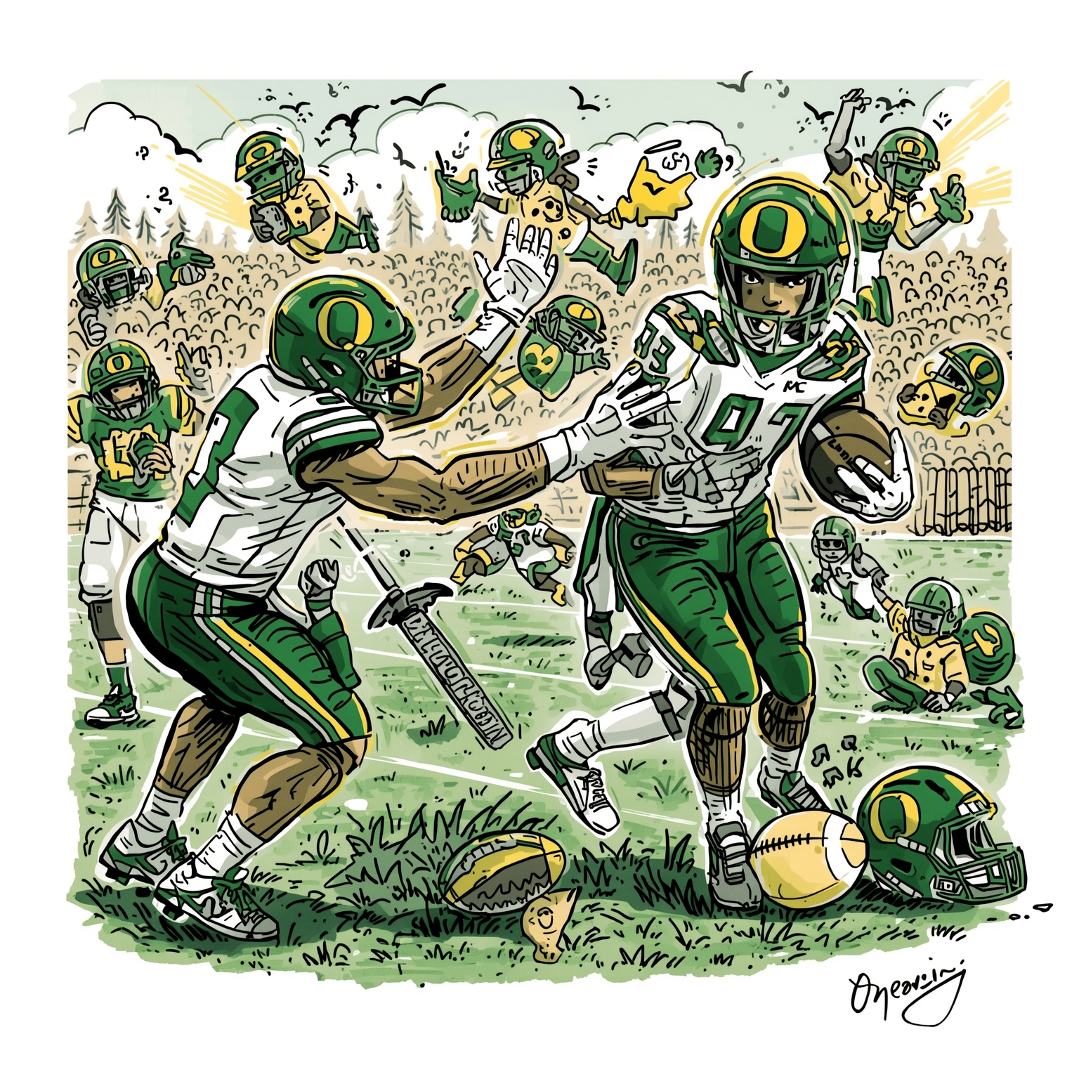 Ducks' Coaching Moves & Playoff Practice Injury News - painting of Oregon Ducks football venue