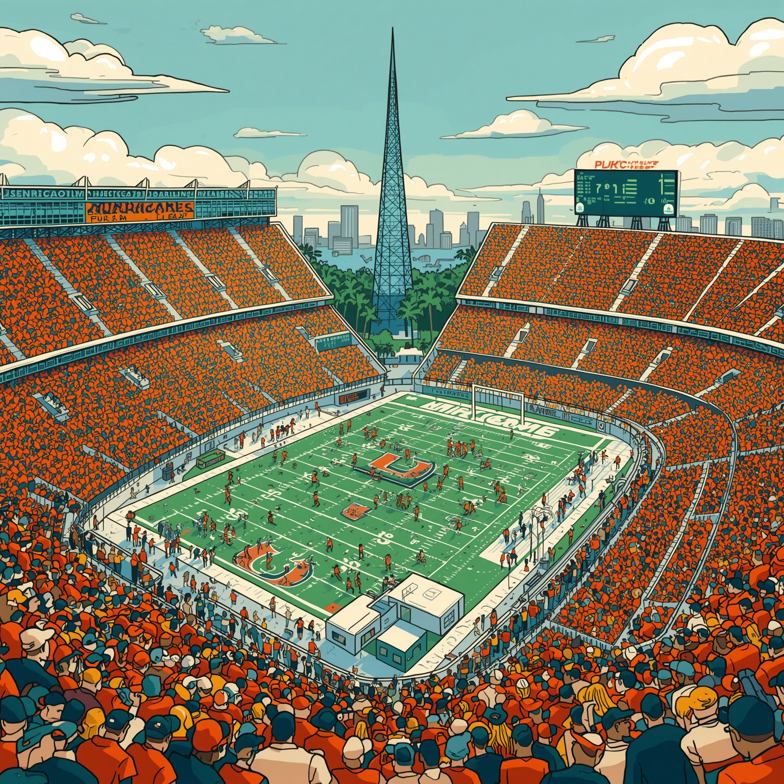 Miami’s Hidden Gems: From Gridiron X-Factors to Fast Break - painting of Miami Hurricanes football,basketball venue