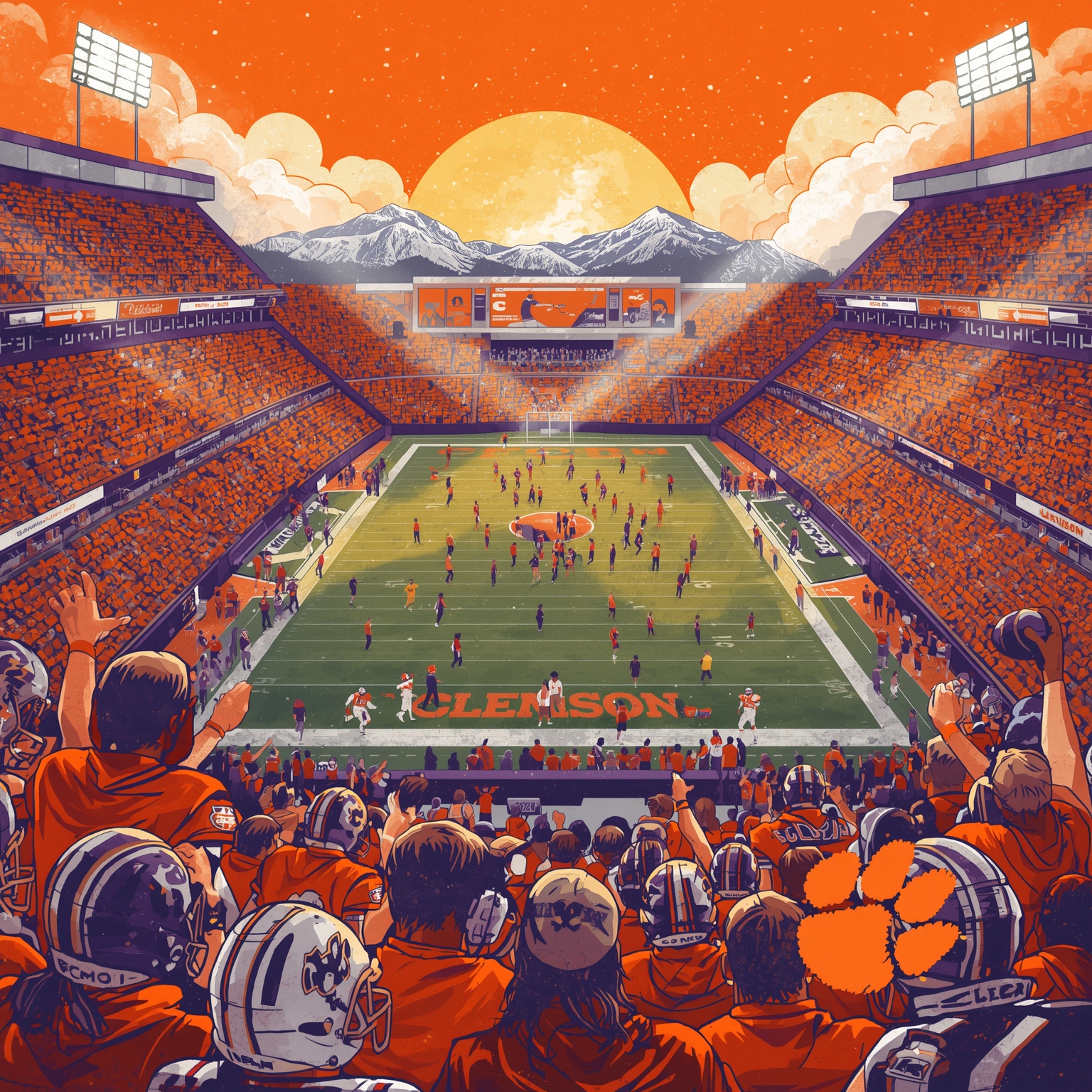 Freshmen Rise in Clemson Football and Basketball - painting of Clemson Tigers basketball, football venue