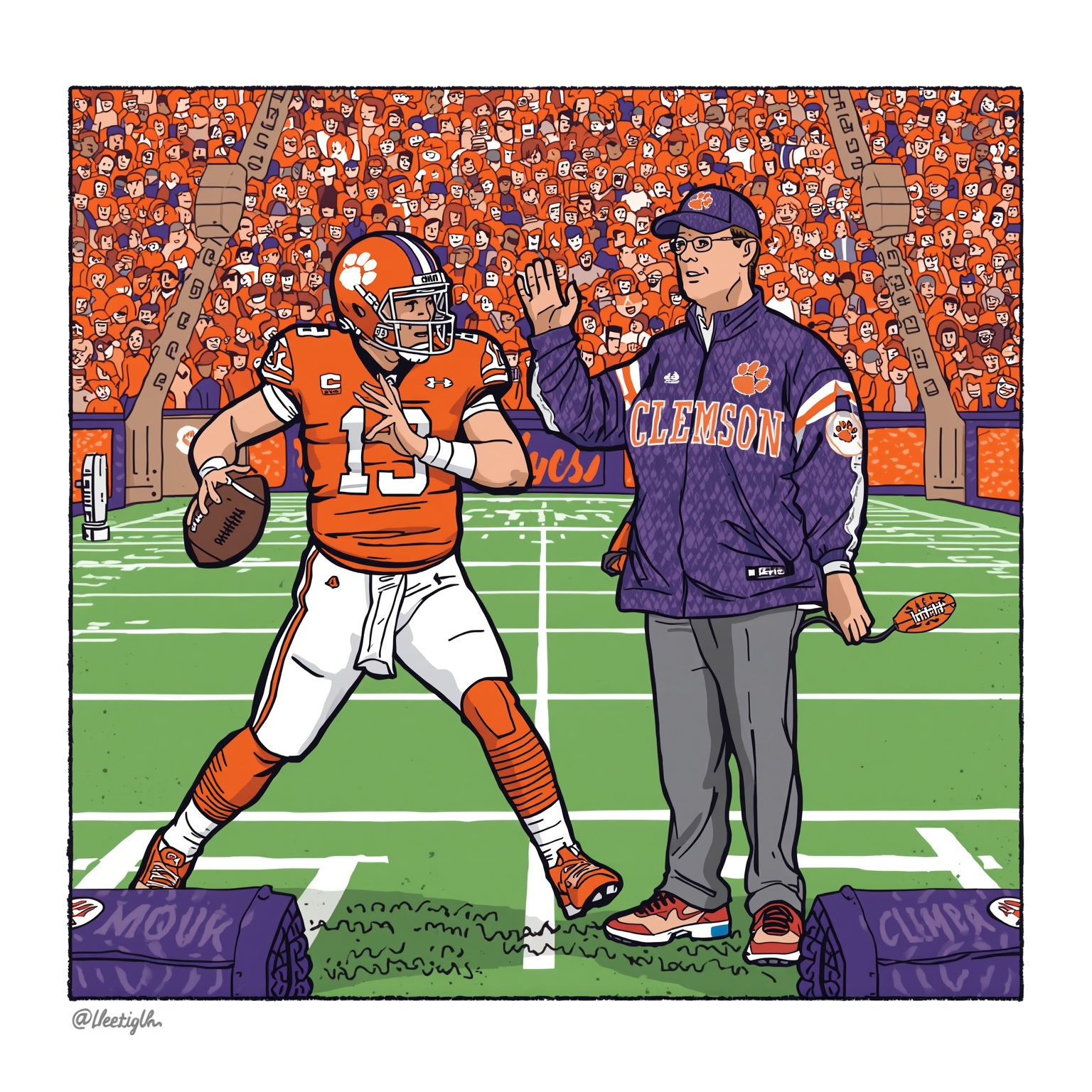 Clemson’s QB and Coach Eye Pinstripe Bowl Finale - painting of Clemson Tigers football venue