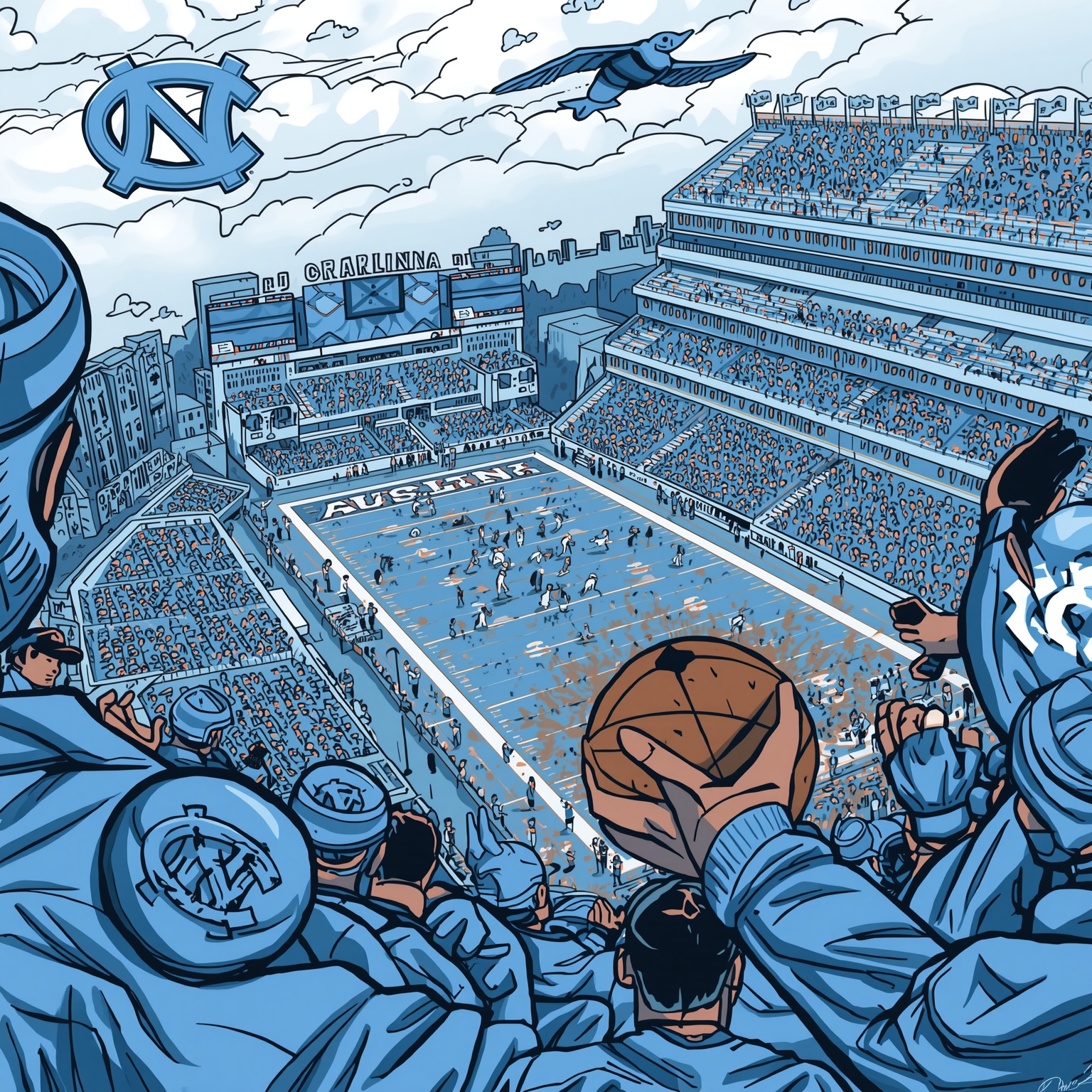 UNC’s Football Fumbles and Basketball Fixes - painting of North Carolina Tar Heels football,basketball venue
